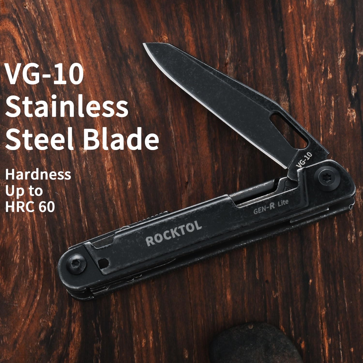 ROCKTOL Multitool Gen-R Lite, EDC-Taschenmesser VG10-Klinge, kompaktes 15-in-1-Multitool mit Schraubendreher, großer Schere, Glasbrecher, Lederscheide, leicht für Wandern, Camping – Bild 2
