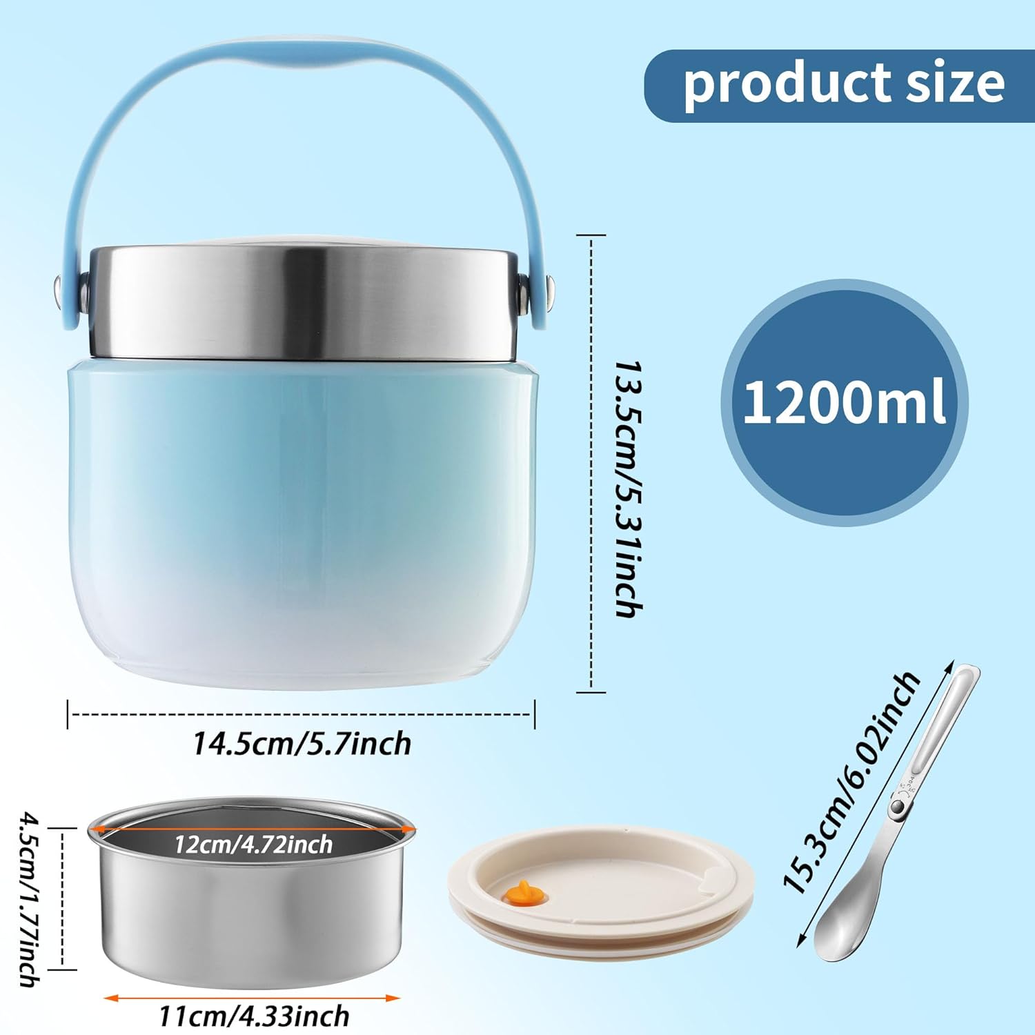 Thermo-Lebensmittelbehälter 1200 ml Fassungsvermögen Warmhaltebehälter Essen Thermoschüssel mit Deckel, Thermo-Brotdose zur Aufbewahrung von Mittagessen, Suppen, Brei (Blau) – Bild 7