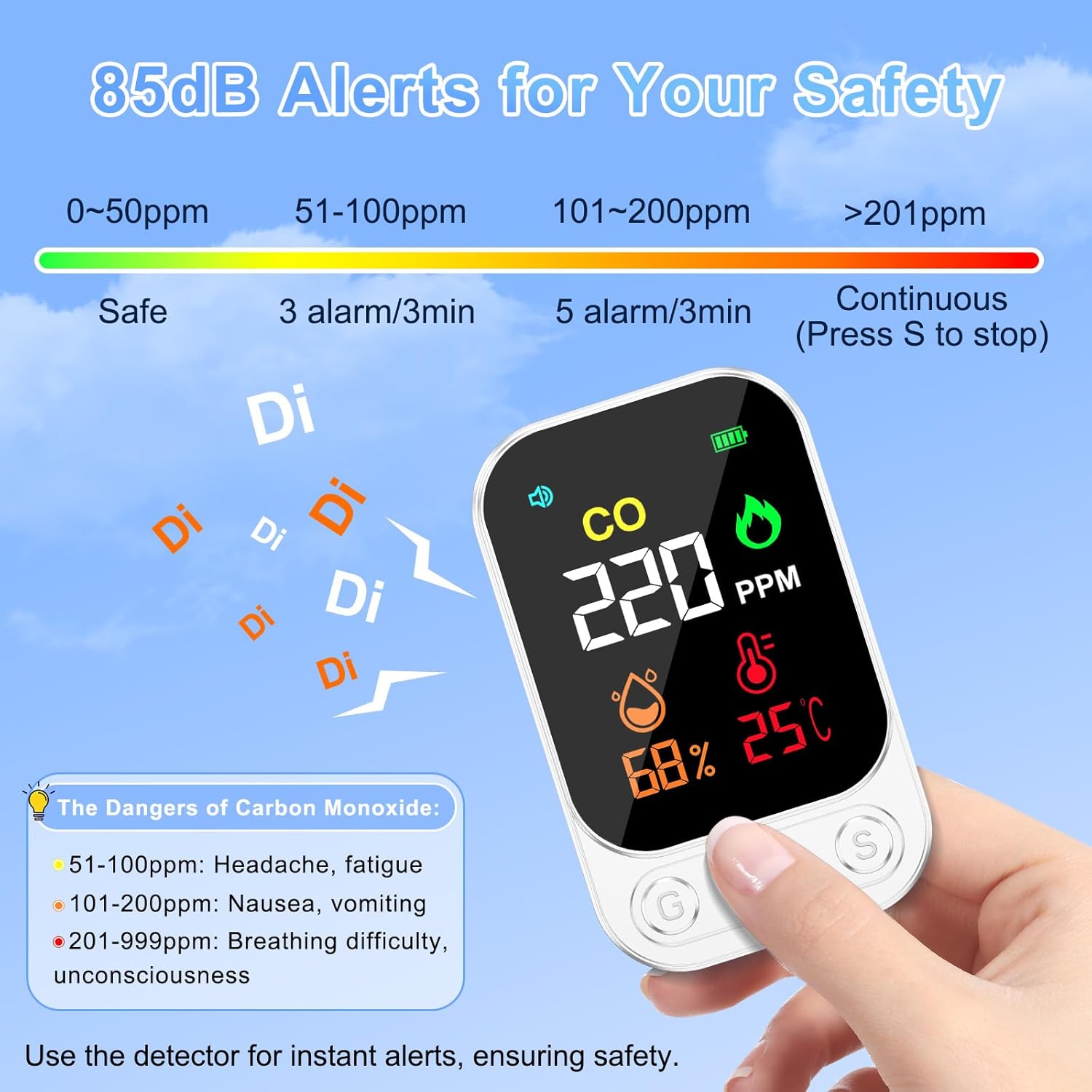 RealPlus 3-in-1-Kohlenmonoxidmelder, tragbar, CO-Detektor, Temperatur, Luftfeuchtigkeit, mit 85-dB-Alarm, wiederaufladbar, mit Ständer und Montageloch für Reisen, Camping, Hotel, Wohnmobil, Wandern – Bild 3