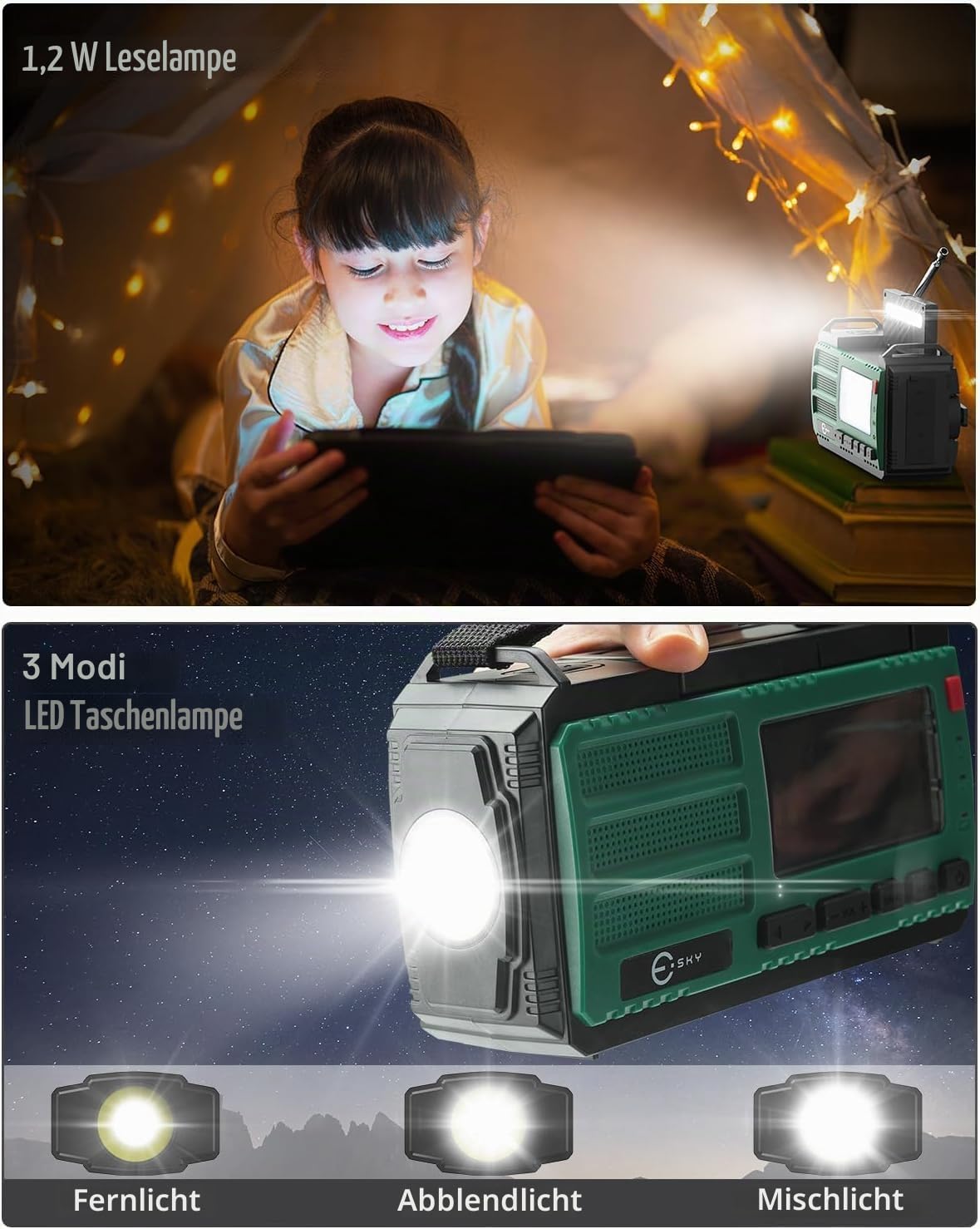 Esky Kurbelradio, 10000 mAh Solar-Notfallradio mit wiederaufladbarem AM/FM-Weltempfänger, USB-Ladegerät, LED-Taschenlampe und Leselicht, SOS-Alarm und Kompass, tragbar für Camping, Notfall, Verdunkelung, Geschenkidee – Bild 7