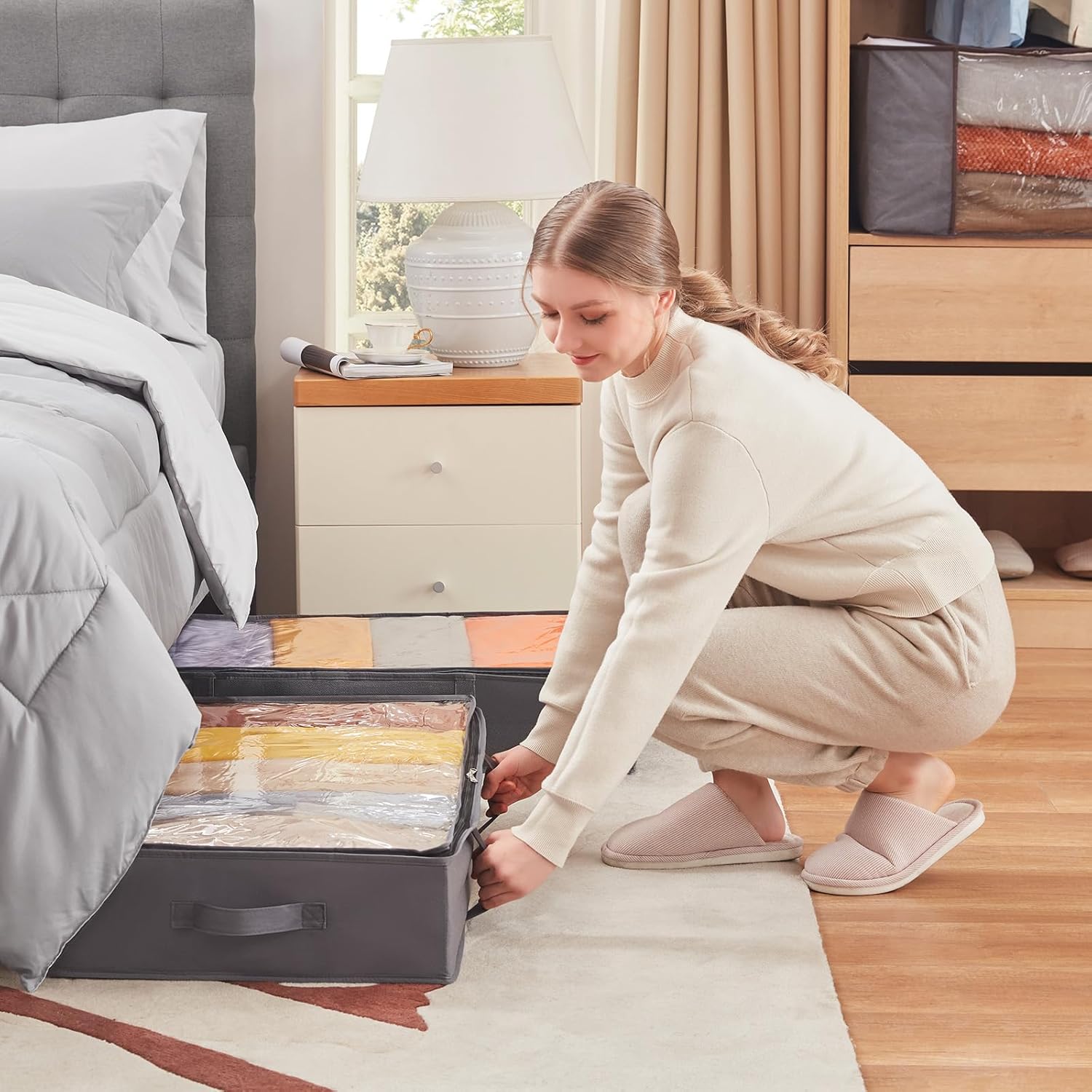 Lifewit Unterbett-Aufbewahrungsbox, Unterbett-Aufbewahrungstasche, faltbare Kleideraufbewahrungstasche mit Deckel für Bettdecken, Kleidung, Unterbett-Kleiderschrank, grau, 65 l, 2 Stück – Bild 7