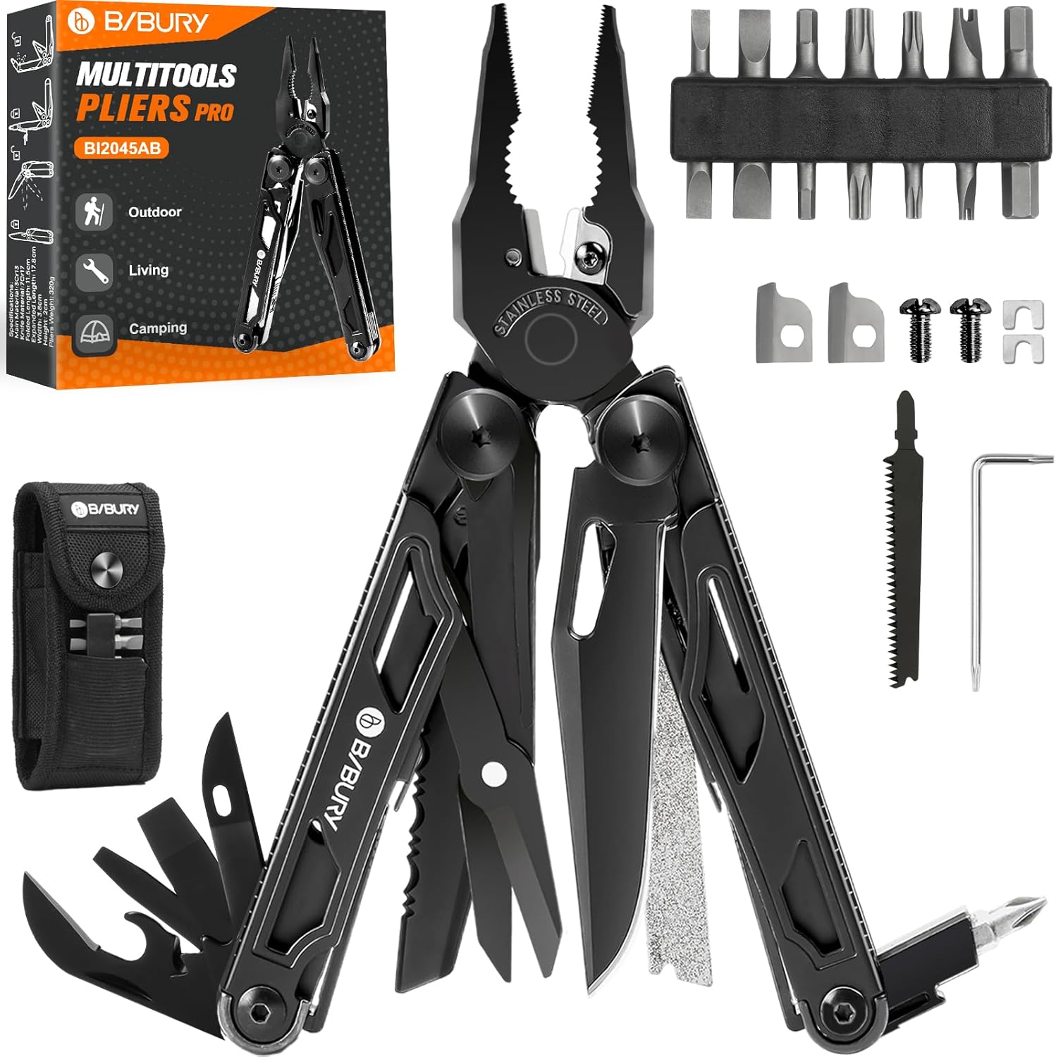 BIBURY 16-in-1-Multitool, faltbare Zange mit verbesserter Schere und Schraubendreher, mit Nylontasche, ideal für Outdoor, Wandern, Heimwerken, Reparaturen, Geschenk für Väter und Männer