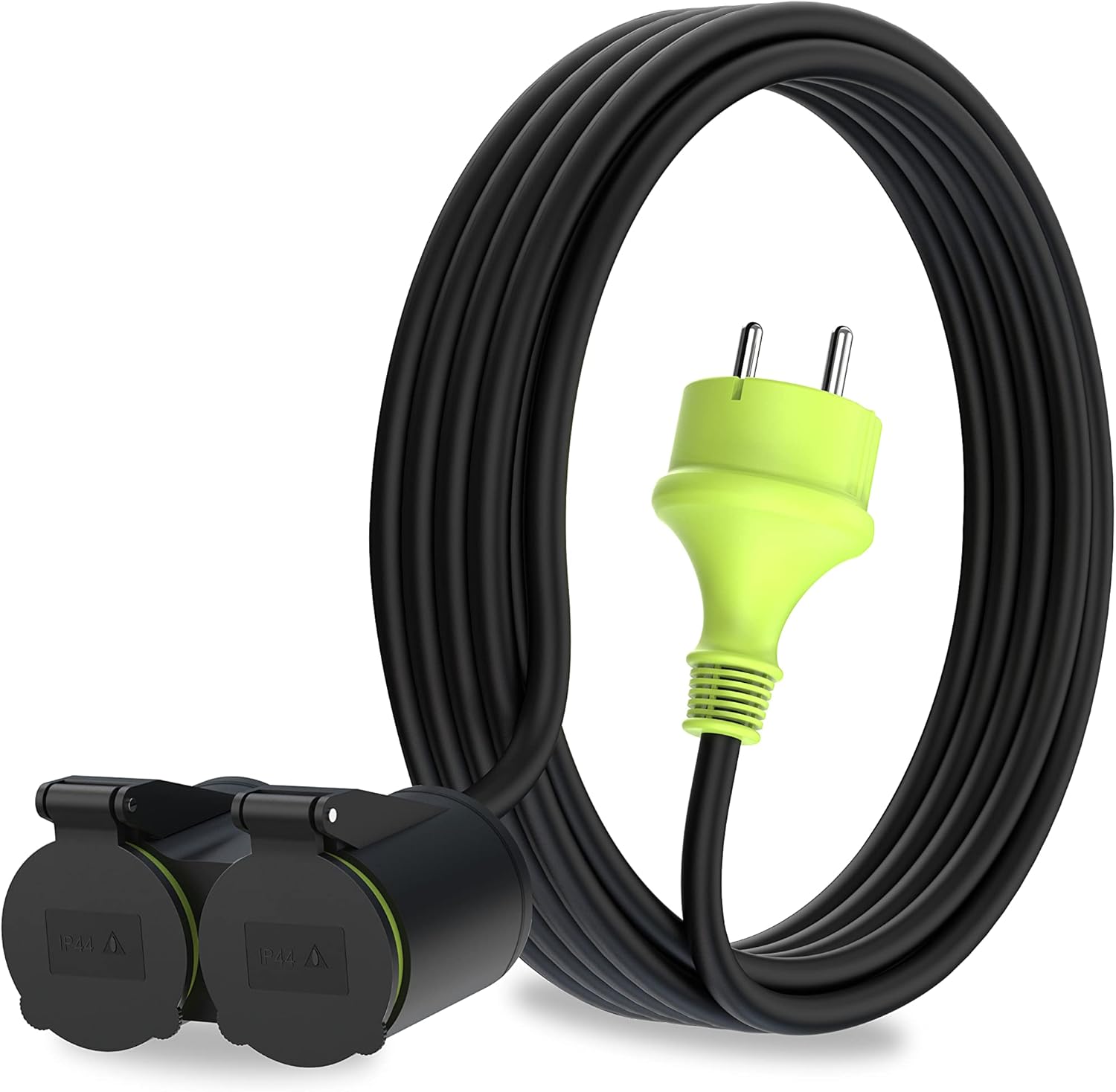MutecPower 5 m Verlängerungskabel mit 2 Schuko-Steckdosen für den Außenbereich IP44 H05RR-F3G 1,5 mm² Doppelverlängerung mit 2 Schutzkontakt-Steckdosen 2-fach Outdoor-Verteiler 5 m schwarz/grün – Bild 2