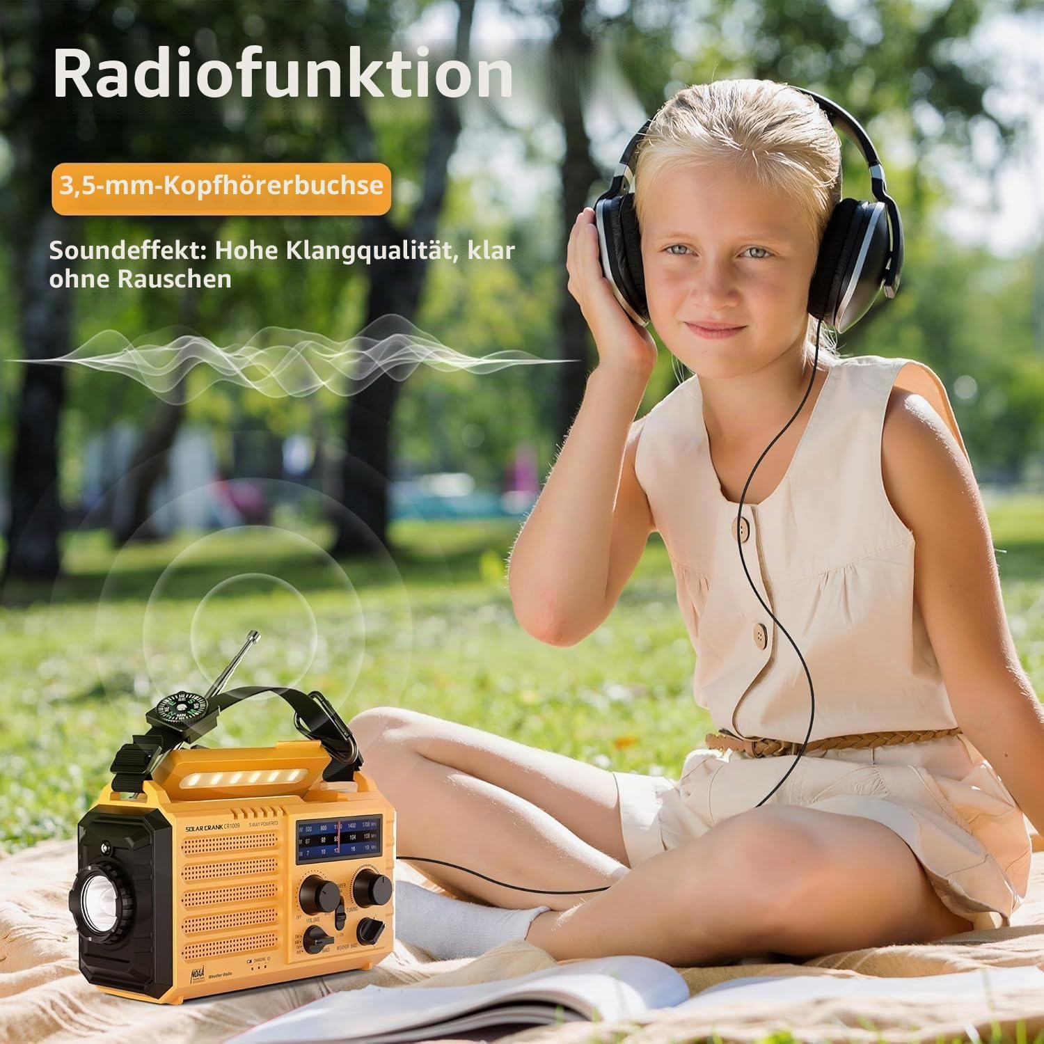Tragbares Solarradio, Notfallradio mit Kurbel, Dynamo-Wetter-AM/FM/SW-Radio, wiederaufladbare 5000-mAh-Powerbank, USB-Telefonladegerät, LED-Taschenlampe und Leselampe, SOS-Alarm, Kompass für Camping im Freien – Bild 5
