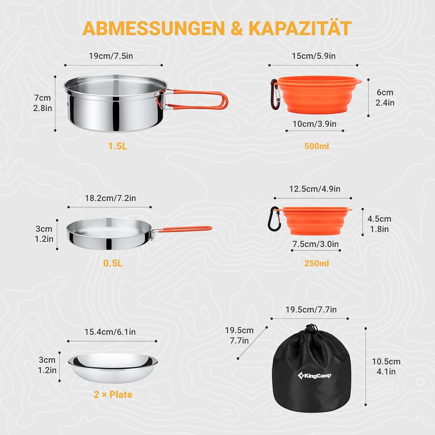 KingCamp Campinggeschirr, multifunktionales Robustes Camping Kochgeschirr | Mit Töpfen, Pfanne und faltbarem Besteck, alles ultraleicht stapelbar, ideal für Campingkocher, Outdoor, Wandern und Trekking – Bild 3