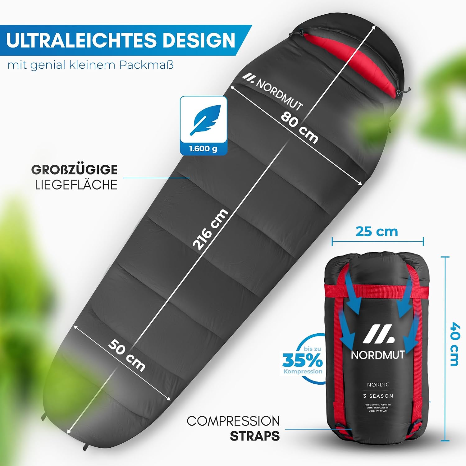 NORDMUT® Schlafsack Erwachsene – kleines Packmaß & Ultraleicht (900/1500g) – 3-Jahreszeiten (250 GSM) & Sommerschlafsack (100 GSM) – Mumienschlafsack für Camping, Outdoor & Festivals – Bild 5