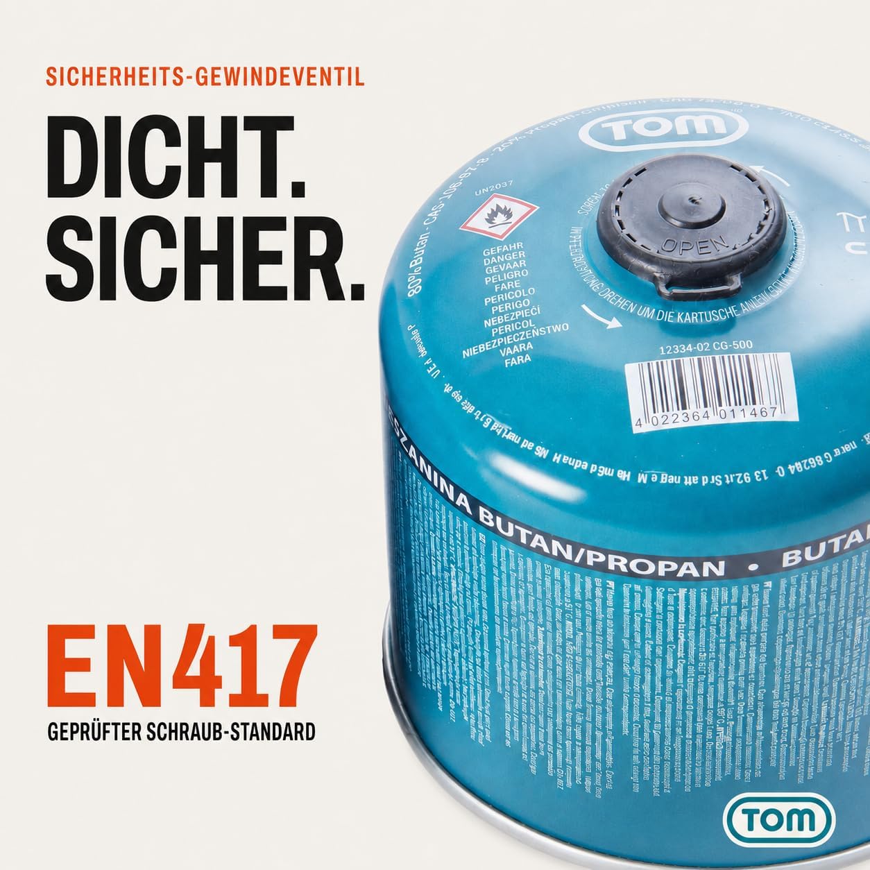 TOM Gaskartuschen 2 x 4 x 8 x oder 12 x 500 g Butan-Propan-Gas – Schraubkartuschen-Set – Kartuschen mit Sicherheitsschraubgewinde – Butangaskartusche ideal für Ihren Campingkocher (4 x 500 g) – Bild 8