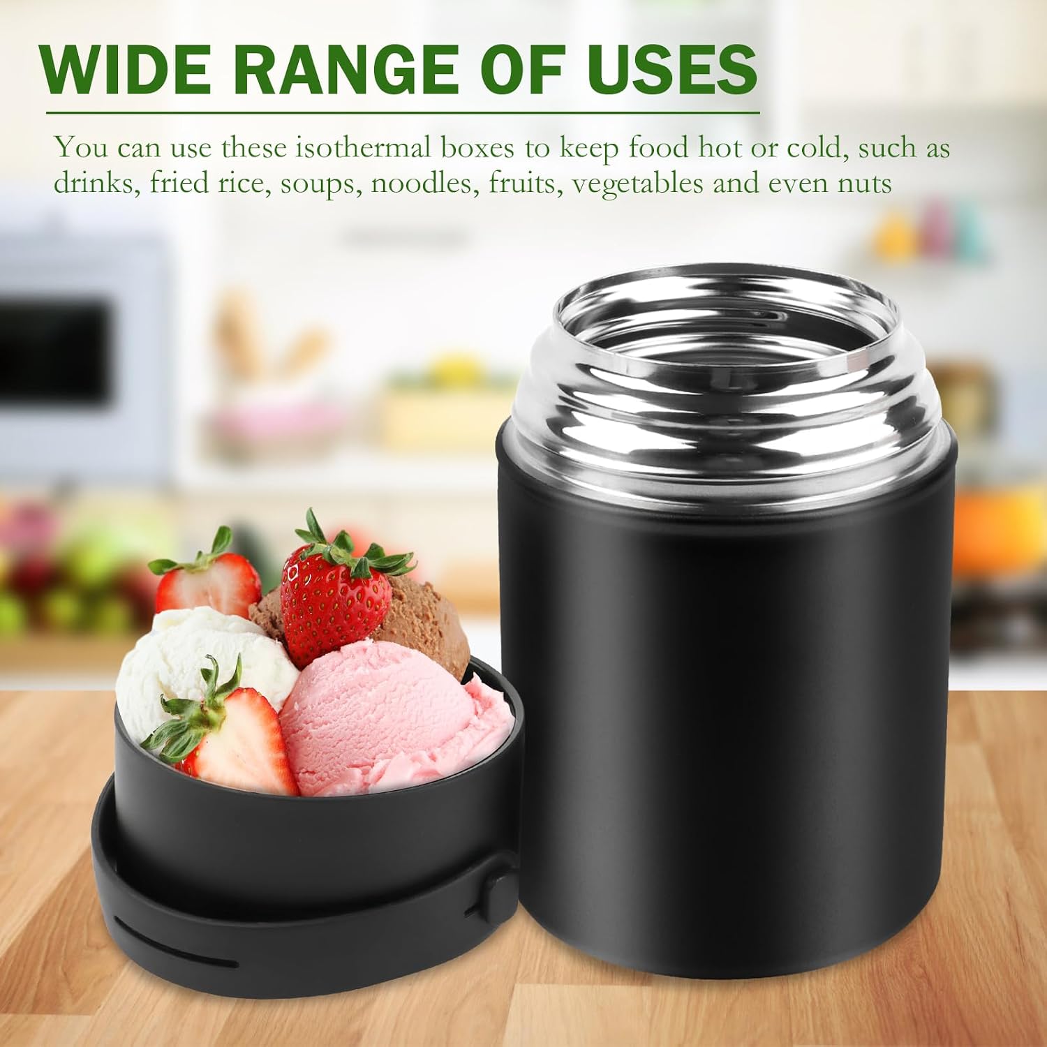VMUTGA Thermobehälter 850 ml, Warmhaltebehälter aus Edelstahl, Müsli to go, Thermobox für das Mittagessen, Edelstahl-Thermobehälter für Lebensmittel mit faltbarem Löffel (schwarz) – Bild 6