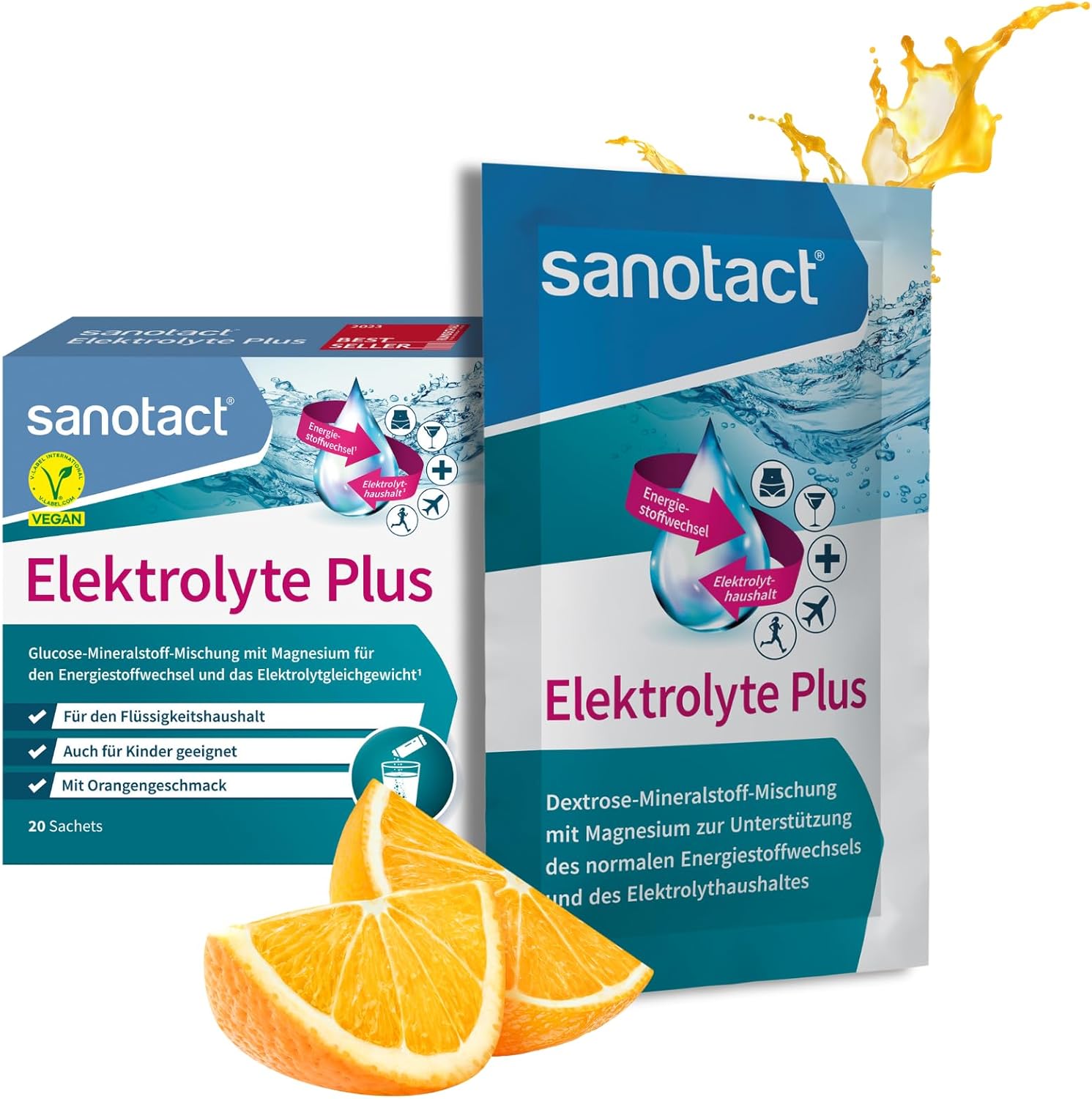 sanotact Electrolyte Plus (20 Beutel) • Elektrolytpulver für den Flüssigkeitshaushalt • Kalium & Magnesium für den Elektrolythaushalt • 100 % vegan • Erholungsgetränk • Orangengeschmack – Bild 8