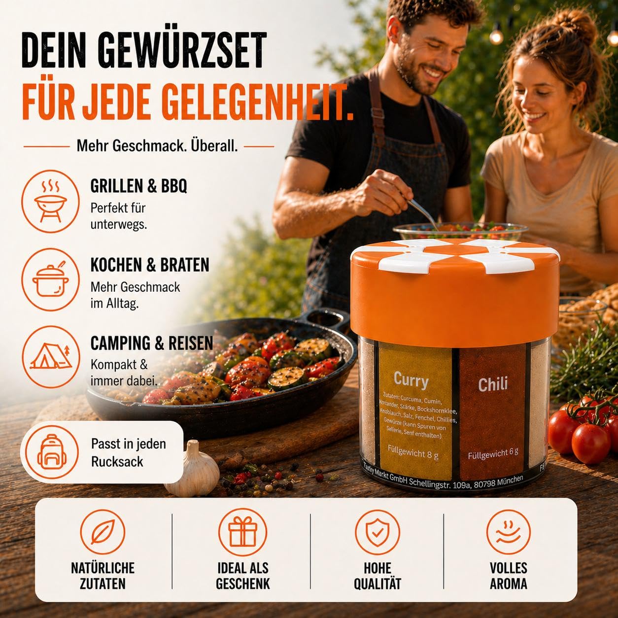 ration1 Gewürzstreuer XXL 6 in 1 Set für Camping-, Wander- und Outdoor-Ausrüstung, Gewürz-Organizer mit Salz, Pfeffer, Chili, Pfeffer, Knoblauch, Curry – Bild 6
