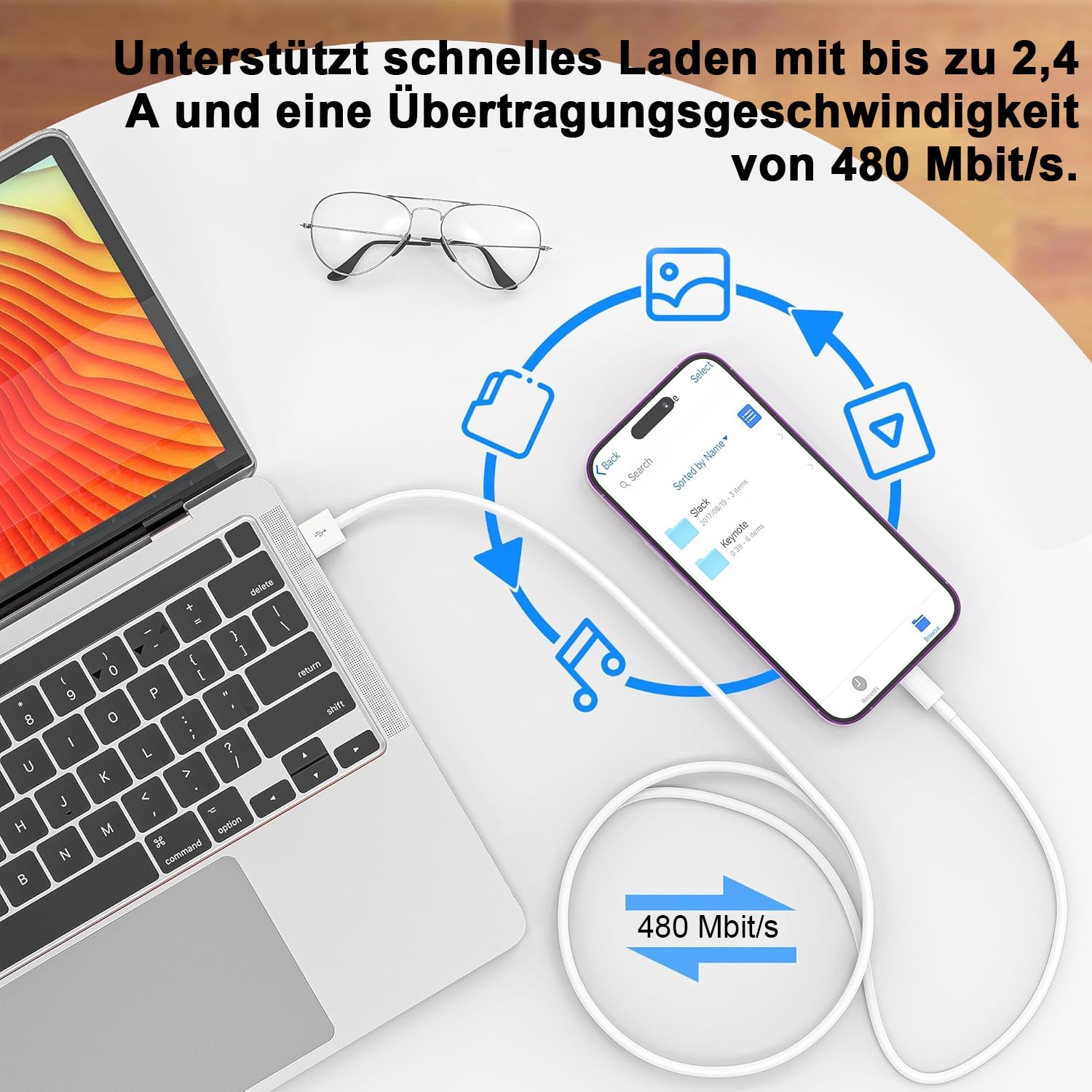 iPhone-Ladekabel, 2 Stück, 1 m + 2 m, USB-auf-Lightning-Kabel, MFi-zertifiziert für Apple-Schnellladekabel, für iPhone 14/13/12/11/Pro/ProMax/Mini/XS/XR/MAX/X/8/7/6/6s/Plus/SE/iPad Mini – Bild 4