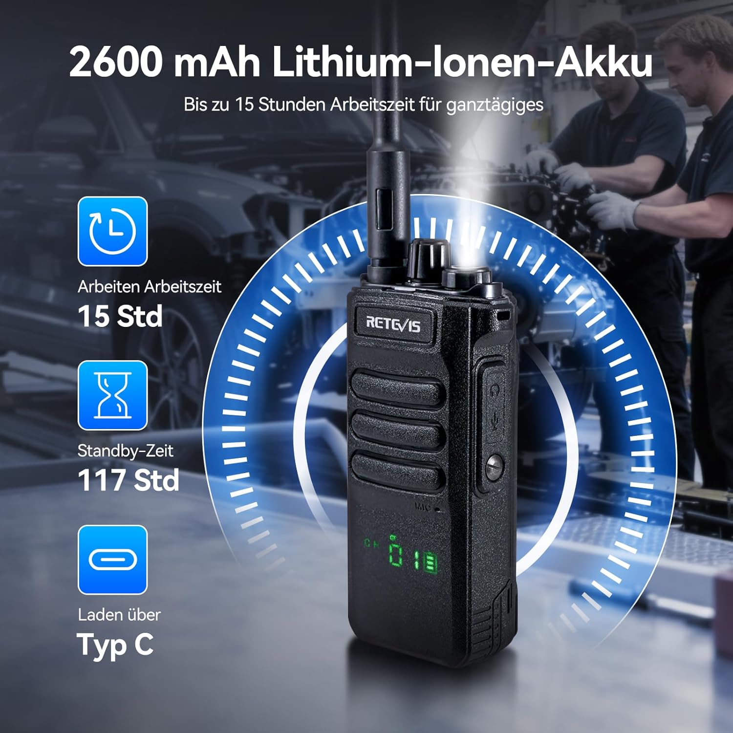 Retevis RT86 Langstreckenfunkgerät, Hochleistungs-Walkie-Talkie mit Lautsprechermikrofon, 2600 mAh tragbares Funkgerät, kabelloses Klon-Notfallfunkgerät für die Fertigung (Schwarz, 2 Stück) – Bild 4