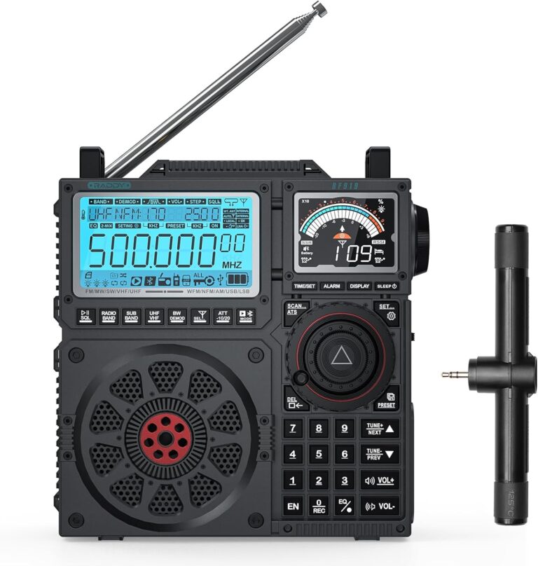 Raddy RF919 SSB-Kurzwellenradio, Vollband-UKW-AM-SW-VHF-UHF-AIR-CB- und SSB-Weltempfänger, mit Antennentuner, 3 externen Antennenanschlüssen, wiederaufladbarem 5000-mAh-Akku, Kopfhöreranschluss | Antennentuner, 3 externe Antennenanschlüsse, 5000-mAh-Akku, AIR/CB/UHF