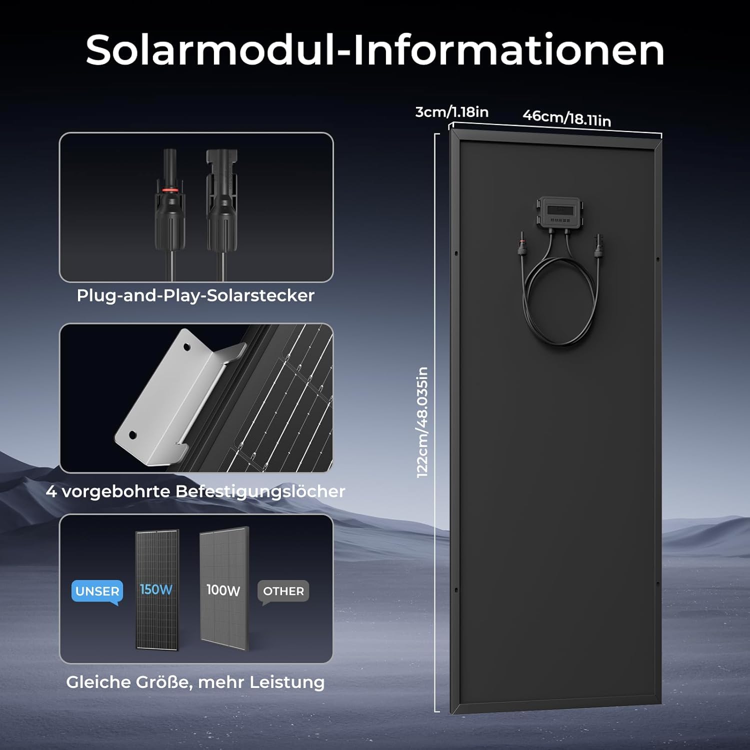 150W 12V monokristallines Solarpanel, 150W Solarmodul, ideal zum Laden von 12V-Batterien, für Wohnmobil, Garten, Camper, Boot und Hausdach (Schwarz) | 120 W monokristallines Solarmodul mit hohem Wirkungsgrad, Solarmodul mit Aluminiumrahmen, ideal für Balkonkraftwerke, Wohnmobile, Boote – Bild 2