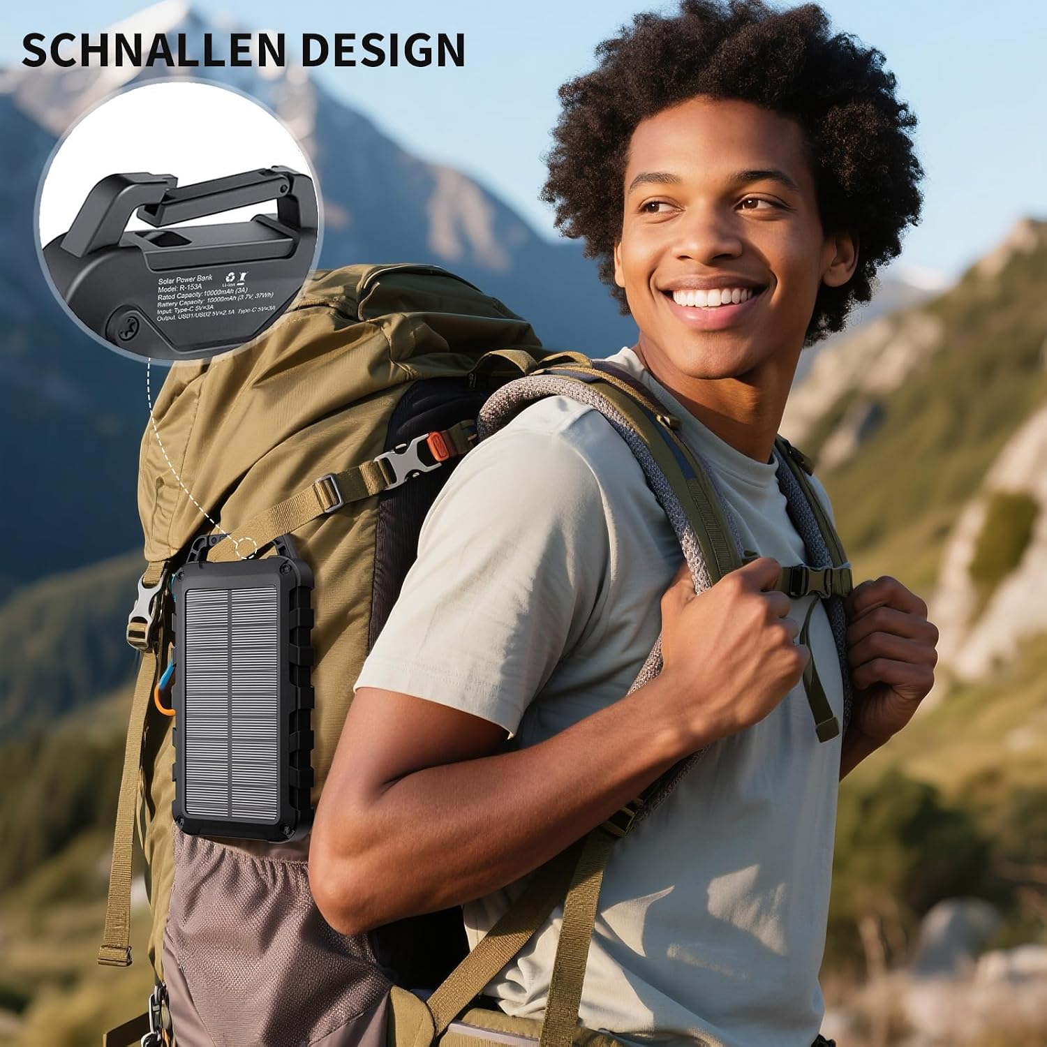 Solar Power Bank 10000 mAh PD 22,5 W Tragbares Solarladegerät USB C Outdoor Wasserdichter externer Akku mit LED-Licht und 3 Ausgängen für Tablets Smartphones Outdoor Camping Schwarz – Bild 8