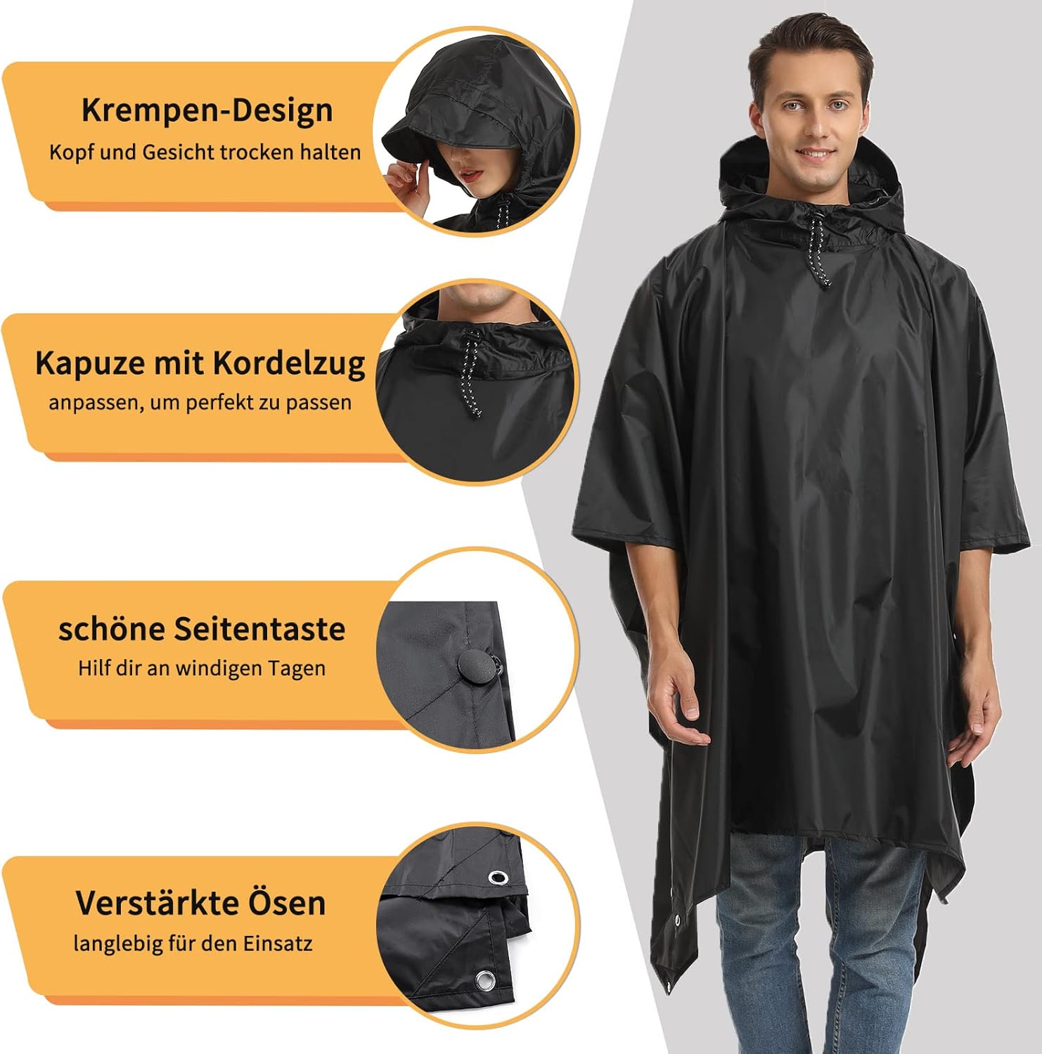 Opret Wasserdichter Regenponcho für Damen und Herren, leichtes, atmungsaktives Regencape, 3-in-1-Multifunktions-Regenmantel, Regenschutz, Regenponcho für Wandern und Camping, Marineblau – Bild 3