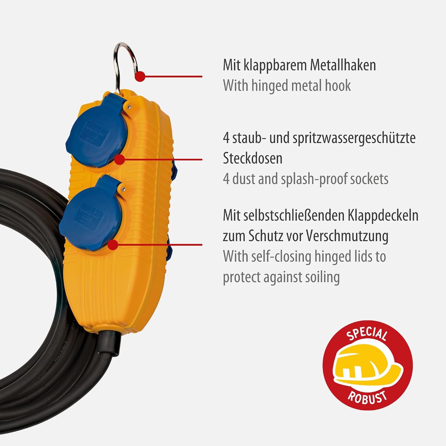 Brennenstuhl 1169200010 Baustellenkabel IP54 mit Powerblock 5 m Schwarz H07RN-F3G1,5, Gelb | 4-Wege-Verlängerung für den Außenbereich – Bild 2
