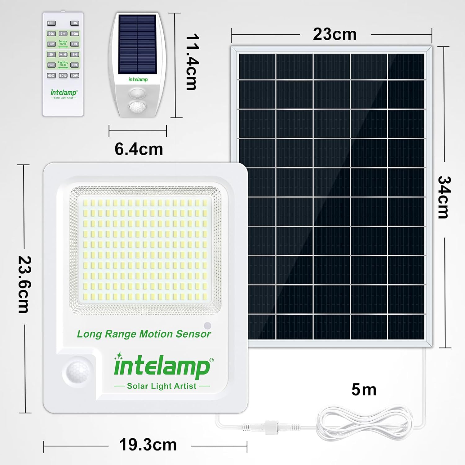 INTELAMP Solarleuchten für den Außenbereich mit Bewegungsmelder, 12000 mAh 3000 LM Solarstrahler Außen, Superhelle 170 LED Solarleuchten für den Außenbereich mit Fernbedienung, Solarlampe für den Außenbereich mit 5 m Kabel, IP65 – Bild 6