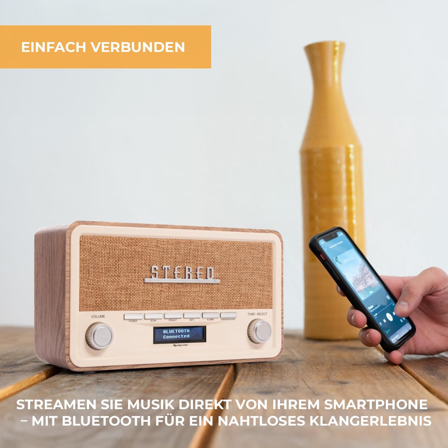 Denver Retro DAB-18 Digitalradio | DAB Plus-Radio mit Bluetooth und UKW | 2 x 20 W Stereolautsprecher | Kleines Radio mit Netzstecker | Küchenradio DAB mit gutem Klang | LCD-Anzeige und Alarmfunktion | DAB Plus & FM & Bluetooth, 2 x 20 W Stereolautsprecher, LCD-Display, Alarmfunktion, Netzstecker – Bild 4