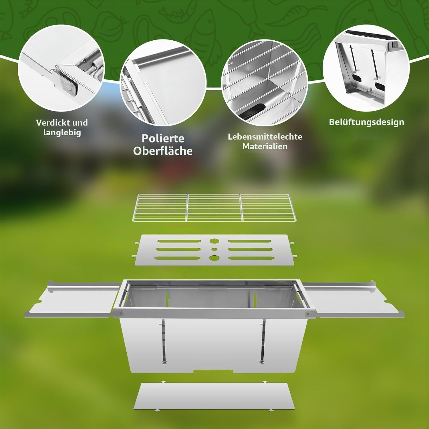 Uten Tragbarer faltbarer Grill, Holzkohlegrill aus Edelstahl mit Aufbewahrungstasche und Handschuhen, Tischgrill für Garten, Strand, Camping, Wandern, Picknicks und Reisen – Bild 4