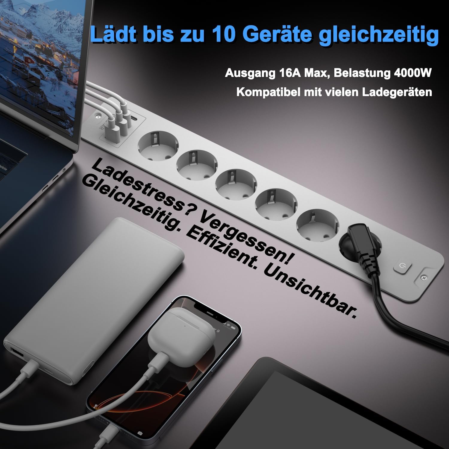 Ausziehbare Steckdosenleiste 6-fach mit 4 USB (2 USB-C, 2 USB-A), 16 A, 2 m Kabel, Energiesparschalter – unsichtbare Steckdose für einen sauberen Schreibtisch – Bild 3