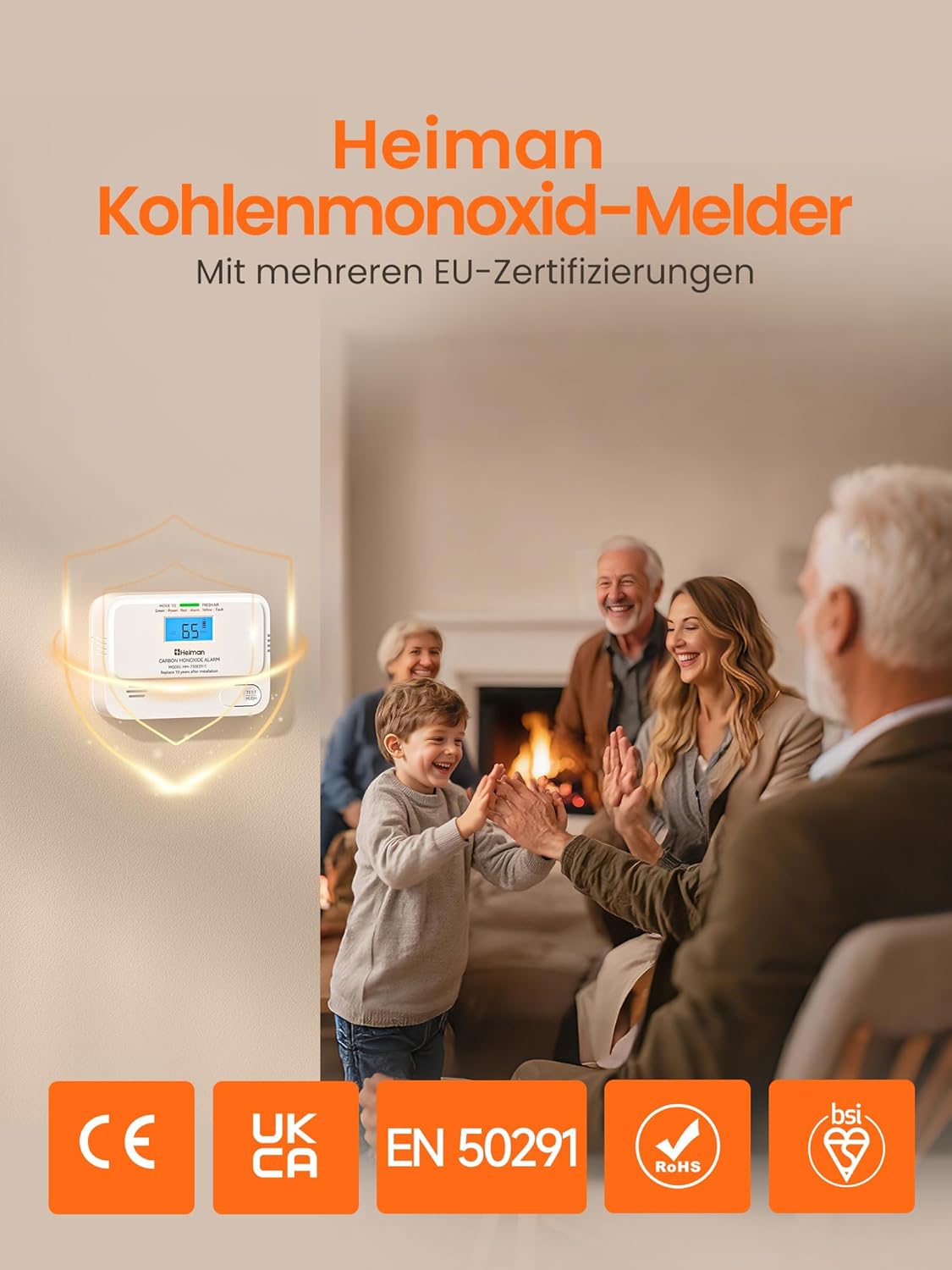 Heiman Kohlenmonoxidmelder, 10 Jahre Batterielebensdauer, CO-Melder für Zuhause mit digitalem LCD-Display, CO-Alarm, BSI-geprüft, EN 50291-Standard – Bild 2