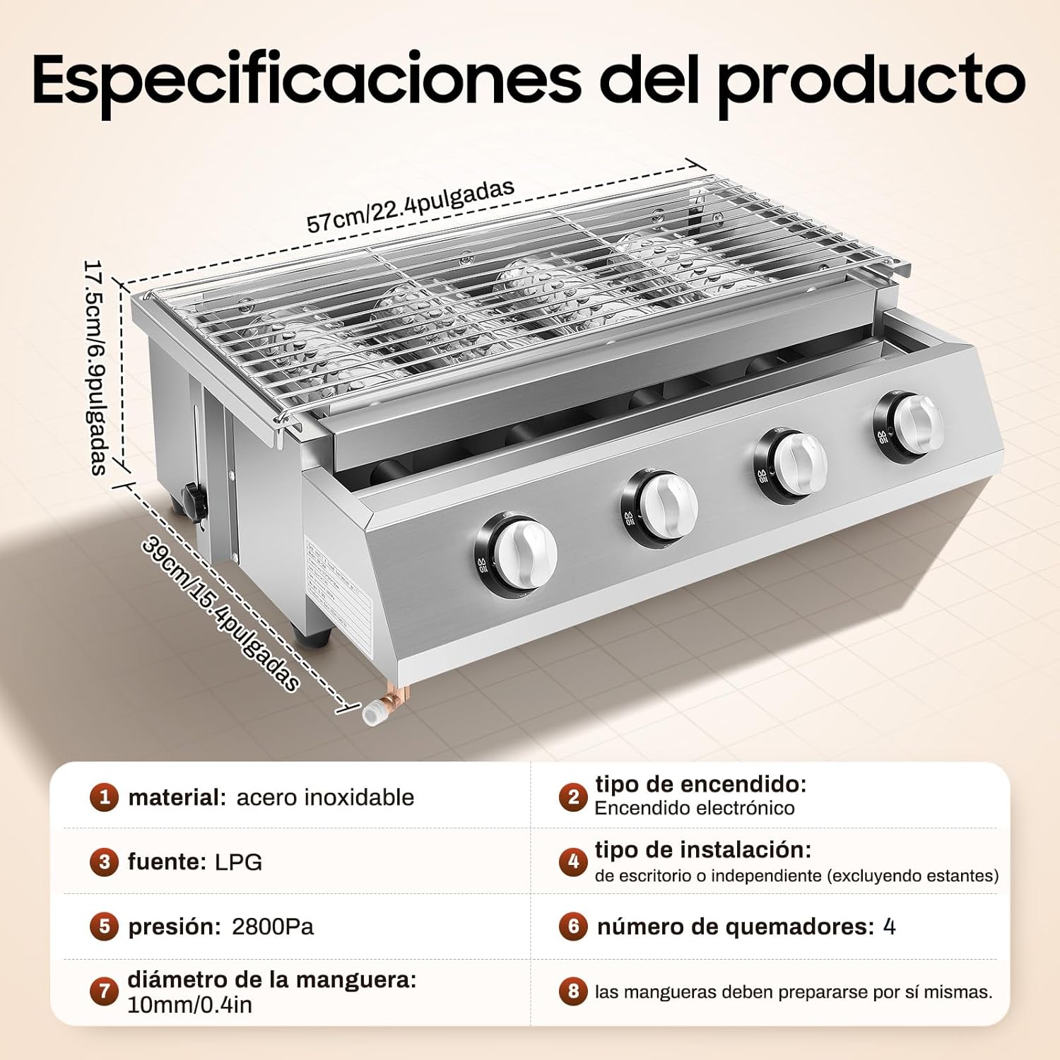 4-Flammen-Gasgrill, BBQ-Tischgrill, tragbarer Campinggrill, Edelstahl-Gastroröster, Gasröster, Outdoor-Gasherd, Barbecue-Butangrill, Seitenbrenner-Grilltischplatte, rauchfrei – Bild 8