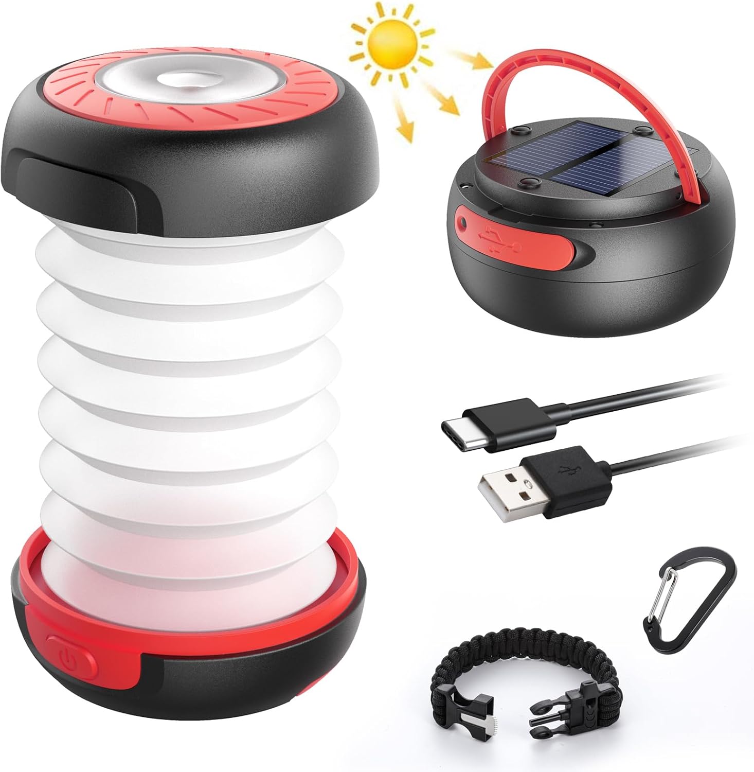 GlobaLink LED-Campinglampe, faltbare Solar-Campinglaterne, Energiebank mit 2 Lademethoden (Solar/USB C) und 3 Lichtmodi für Camping, Angeln, Notfall, inklusive Survival-Armband mit Pfeife (rot)