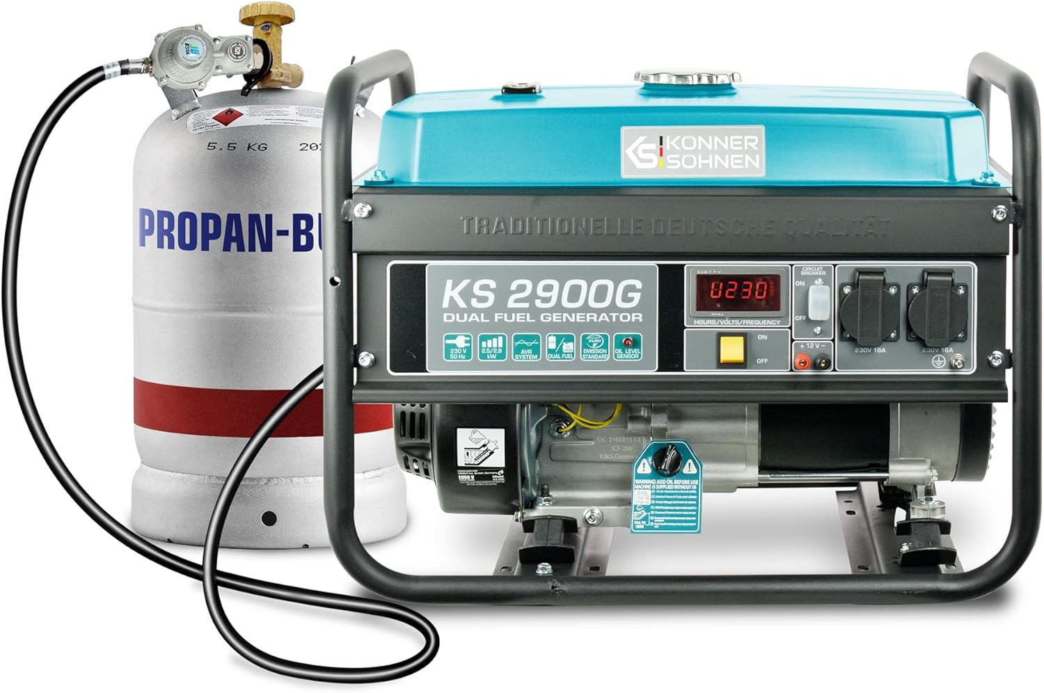 LPG/Benzin-Stromerzeuger KS 2900G Dual Fuel Serie, Notstromgenerator Gas 2900 W, 2x16A (230 V), 12 V, Stromgenerator mit (AVR), Stromgenerator mit Ölstandsanzeige, Überlast- und Kurzschlussschutz.