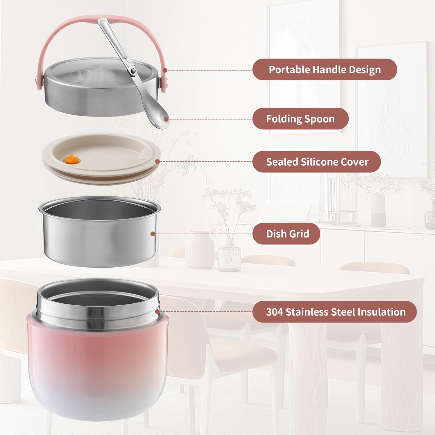 Thermo-Lebensmittelbehälter 1200 ml Fassungsvermögen Warmhaltebehälter Lebensmittel Thermoschüssel mit Deckel, Thermo-Lunchbox zur Aufbewahrung von Mittagessen, Suppen, Brei (Rosa) – Bild 2
