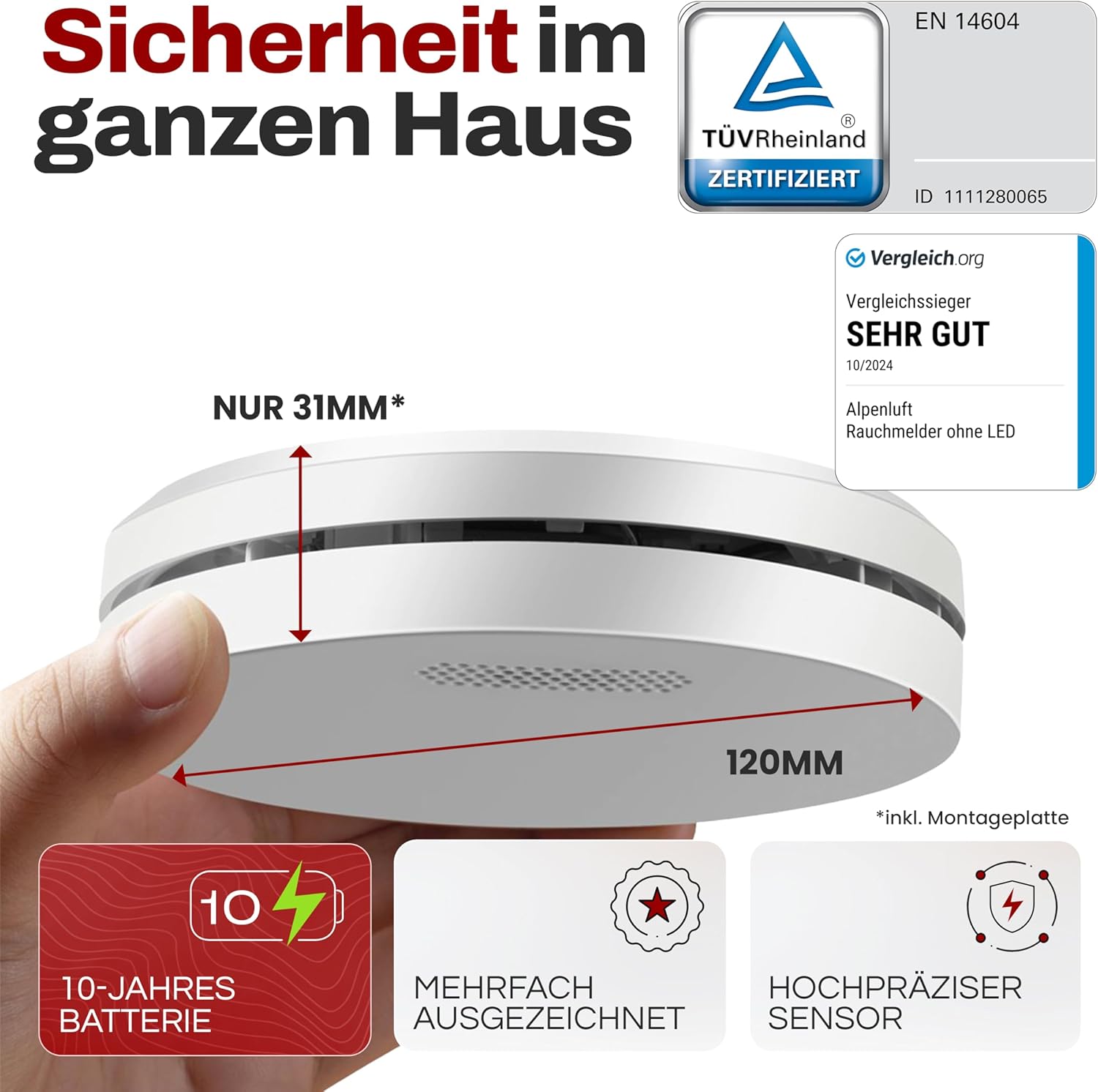 ALPENLUFT Rauchmelder 10 Jahresbatterie, flacher Brandmelder, Rauchmelder, Brandmelder, ohne Bohren, ohne LED-Blinken, Rauchbrandschutz-Brandmeldeanlage, 3er-Set – Bild 2