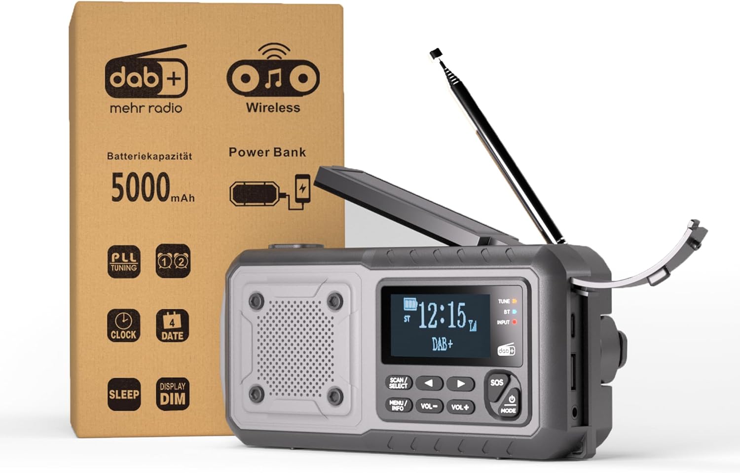 Acta Berg Kurbelradio DAB+/FM, Notfallradio, 5000 mAh Akku (Grau) | Mit USB, Batteriebetrieb möglich, Notfallausrüstung für Stromausfall, integrierte Taschenlampe, Ladegerät für Mobiltelefon, Wecker