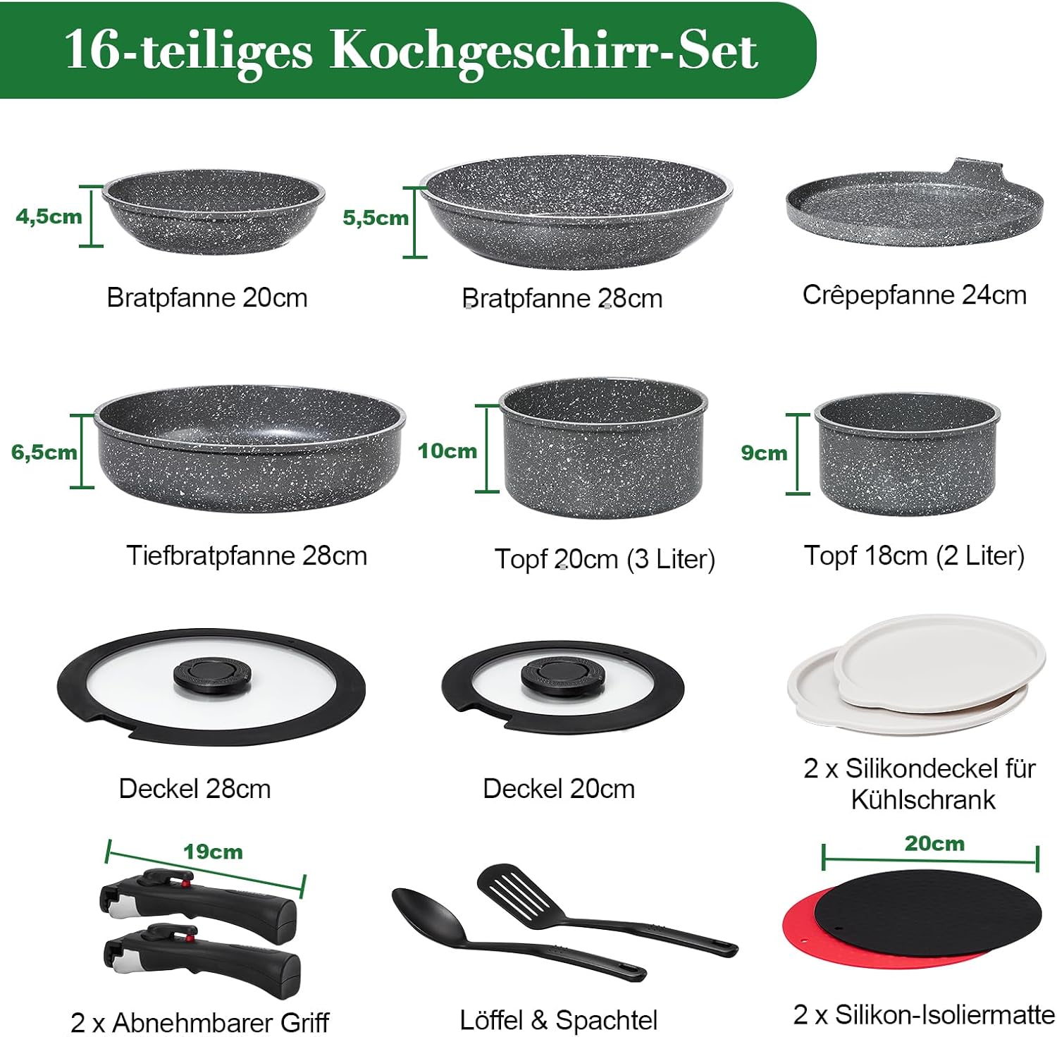 16-teiliges Kochgeschirr-Set für Induktionsherde, Töpfe und Pfannen mit abnehmbaren Griffen, stapelbar, antihaftbeschichtete Keramik, antihaftbeschichtet, PFAS, mit Crêpes- und Schmorpfanne, grau – Bild 2