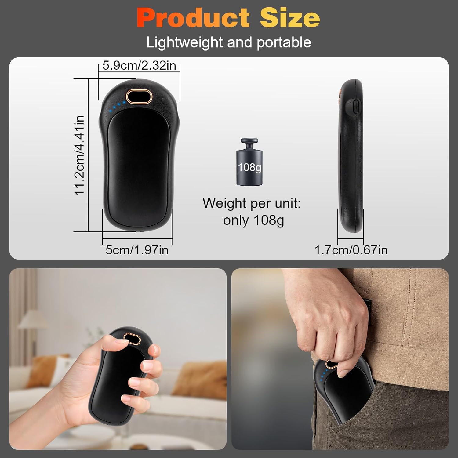 Wiederaufladbarer Handwärmer, 10000 mAh, 2 Stück, elektrische Handwärmer mit LED-Anzeige, beidseitig beheizter Taschenwärmer, 40–60 °C verstellbarer Handwärmer, magnetischer wiederverwendbarer Handwärmer, Geschenk – Bild 2