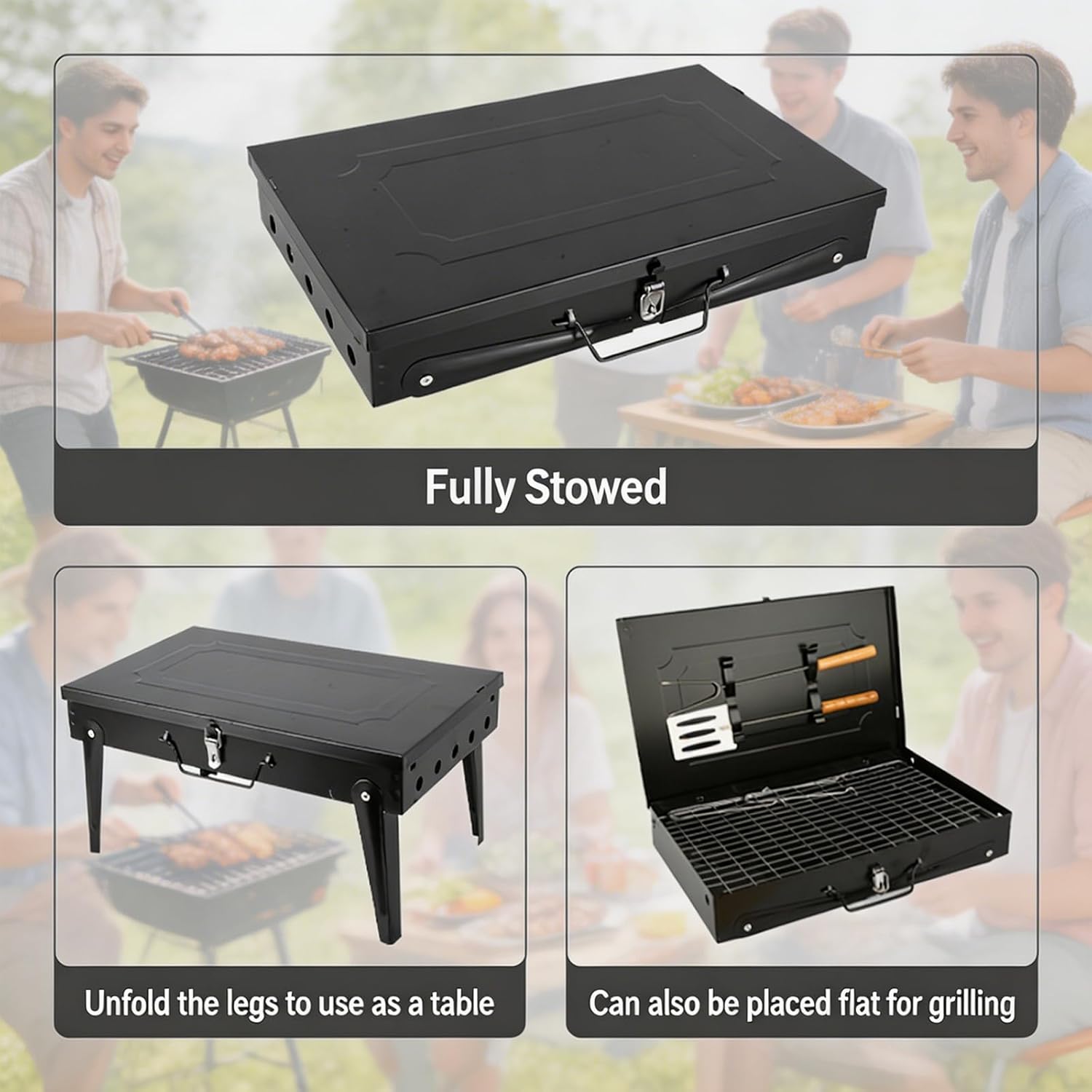 Holzkohlegrill mit Deckel und Kamin, tragbarer Outdoor-Campinggrill-Smoker mit doppelter Luftzufuhr, 2 Holzkohleschalen und Holzgriff für Garten, Terrasse und Picknick – Bild 4