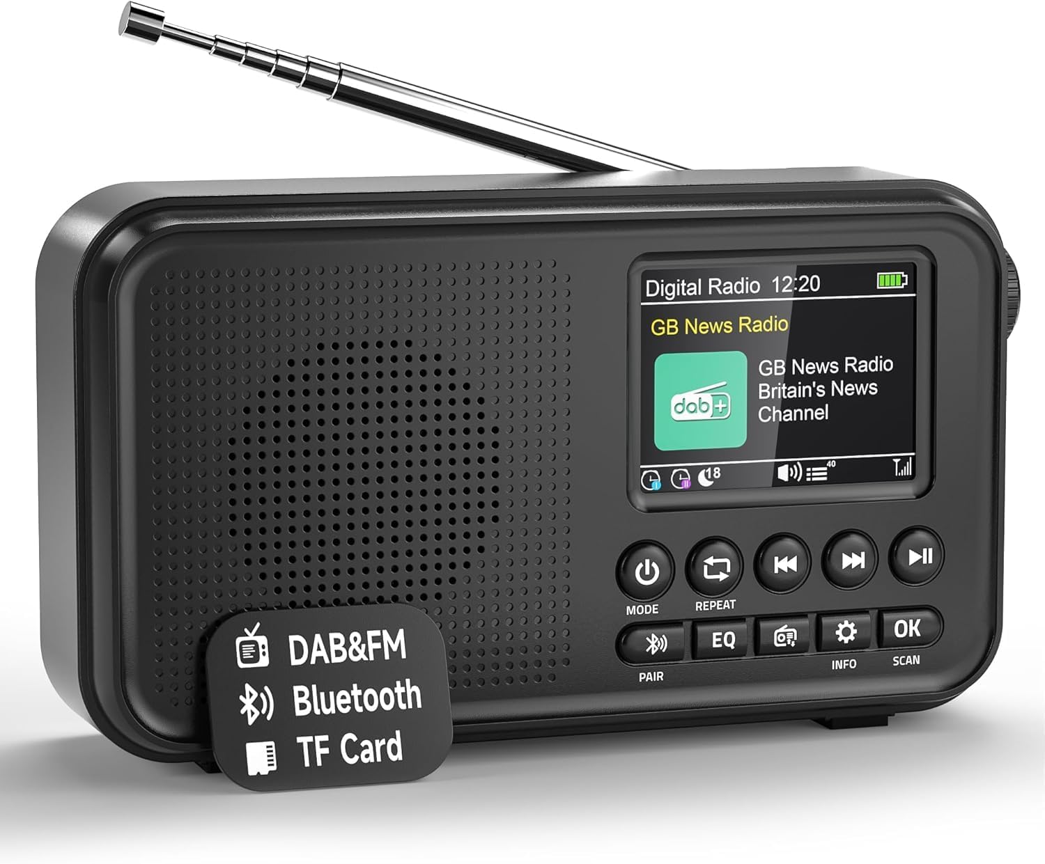 Roxicosly Tragbares DAB/DAB+-Radio, 80 Voreinstellungen, FM-Digitalradio mit 3000-mAh-Akku, Küchenradio mit Bluetooth 5.0, EQ-Modi, Sleep-Timer, Schlummerfunktion, TF/3,5-mm-AUX-Anschluss, Doppelalarm