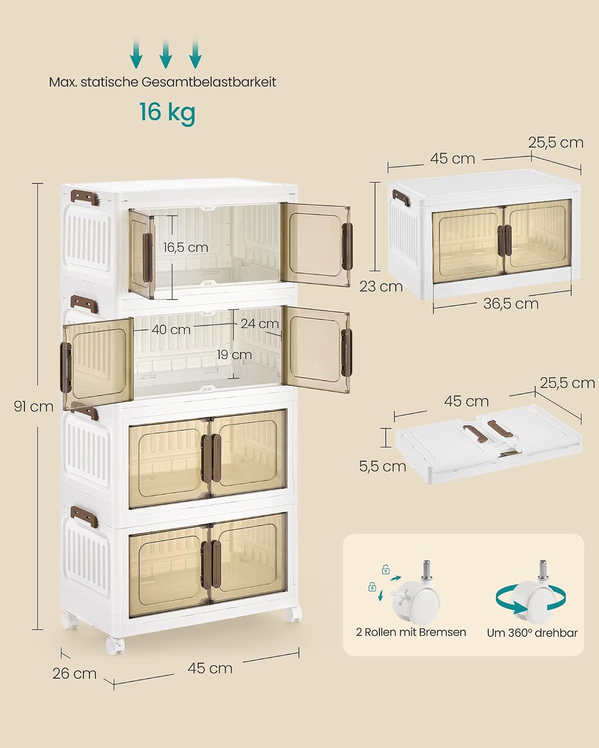 SONGMICS RLB445WZ01 4-stöckiger Organizer mit 1 Deckel, Stapelboxen auf Rollen, Kunststoffboxen, magnetische Tür, Ordnungsboxen, weiß, 25 l pro Ebene, 100 l insgesamt – Bild 5