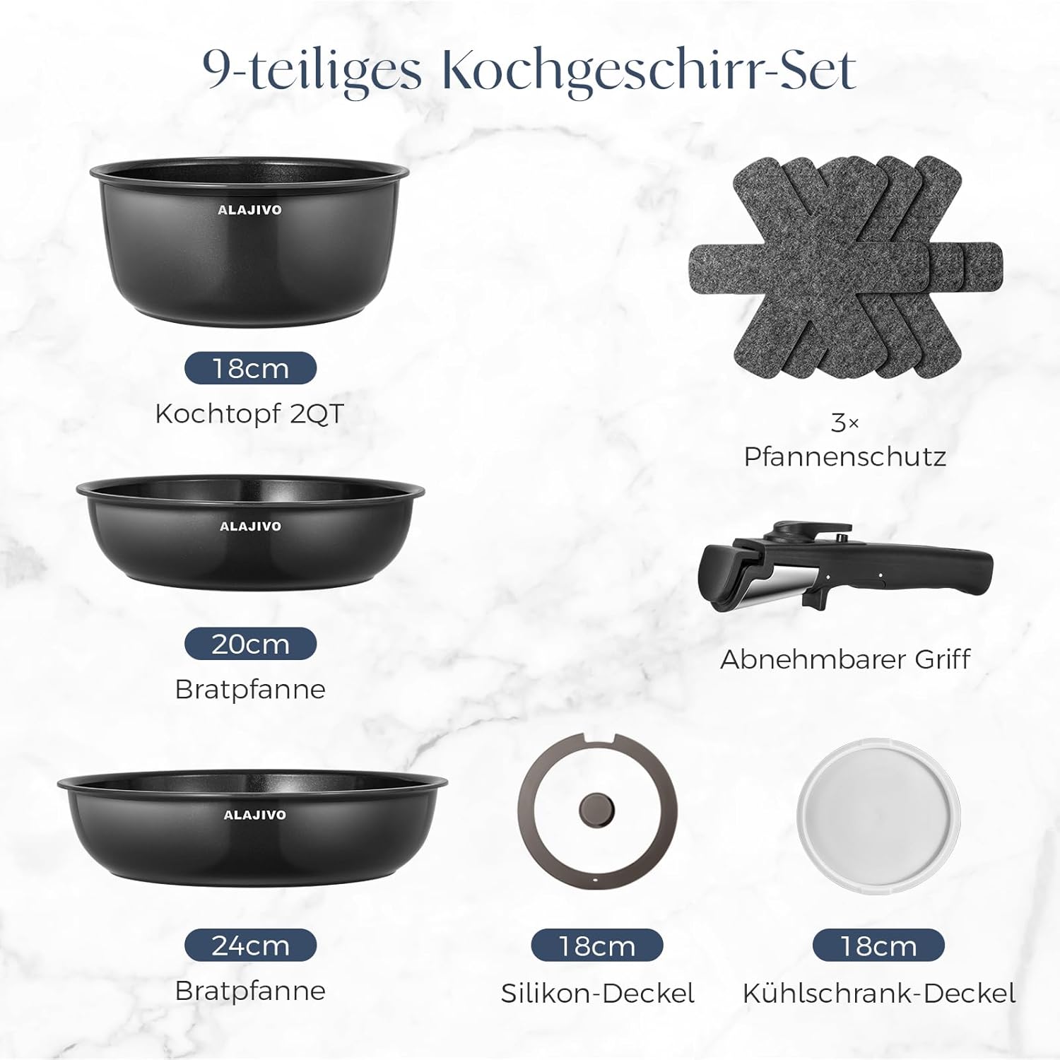 Kochtopfset mit abnehmbarem Griff, 9-teiliges Pfannenset mit Antihaftbeschichtung, Keramikpfanne, Induktionskochtopfset mit Deckel, für alle Herdarten, ofenfest, ofenfest (Dunkelgrau) – Bild 2