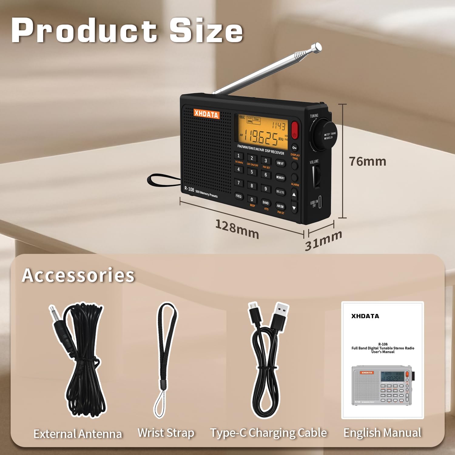 XHDATA R-108 Kleine tragbare Radios, wiederaufladbares Batterieradio FM AM SW Airband Radio Weltempfänger Digitalradio mit ATS Station Memory Sleep Funktion (Schwarz) – Bild 5