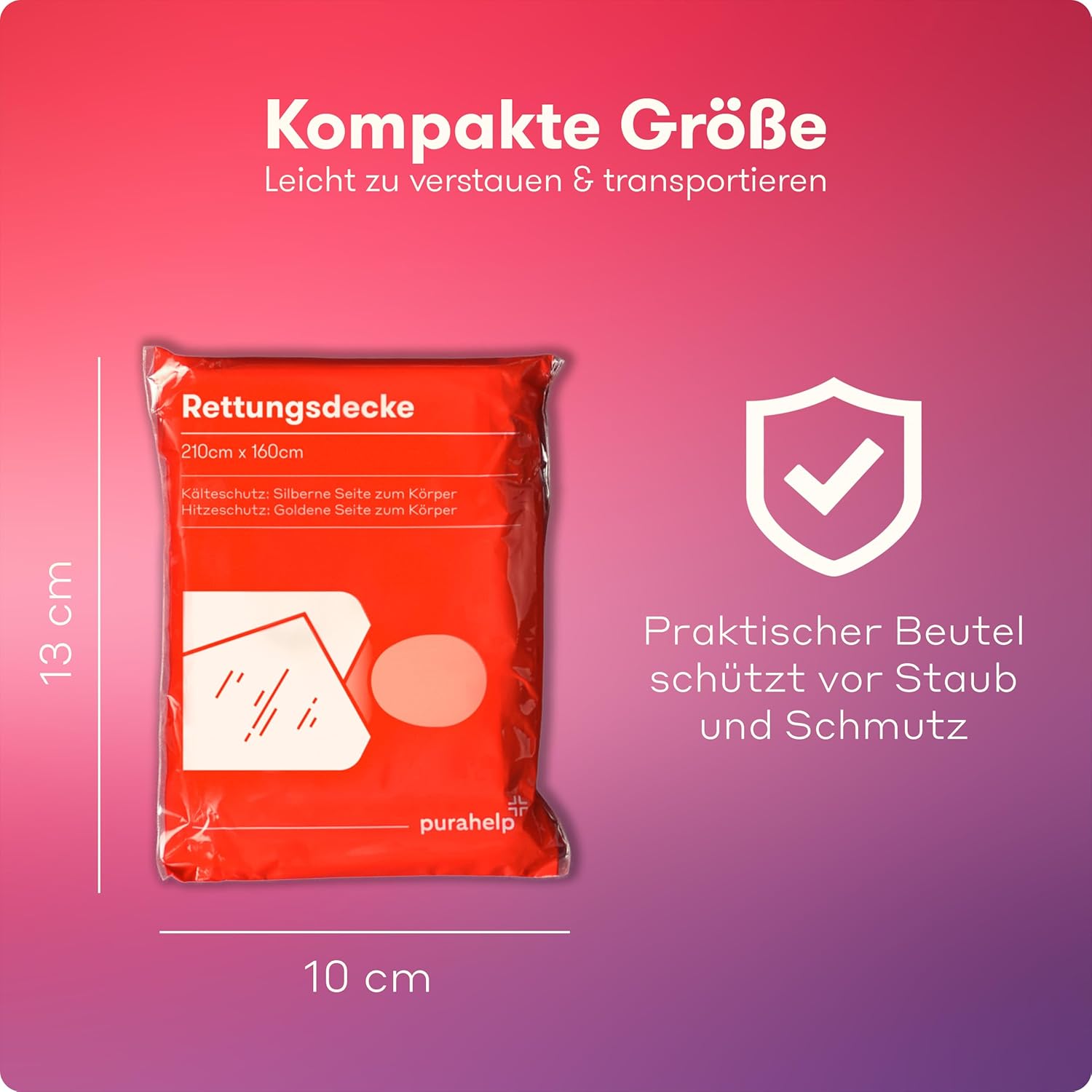 PURAHELP Rettungsdecke Gold & Silber (5er Pack) – 210 x 160 cm – Notfalldecken für Erste Hilfe, Outdoor & Auto – Wetterfeste Überlebensdecken für Wandern, Camping & Notfälle – Kompakte Thermodecken – Bild 4