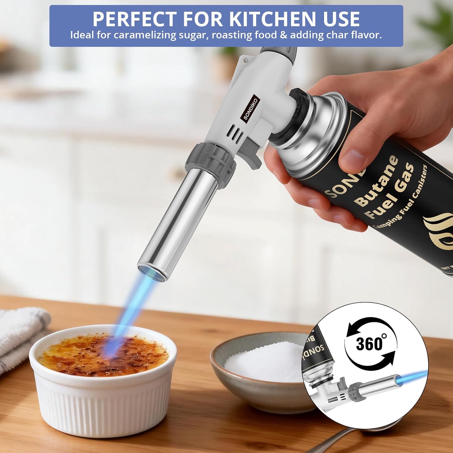Sondiko Küchenbrenner Flammenbrenner S516, professioneller nachfüllbarer Butangasbrenner mit einstellbarer Flamme für Creme Brulee, Anbraten, Backen, Grillen – Bild 3