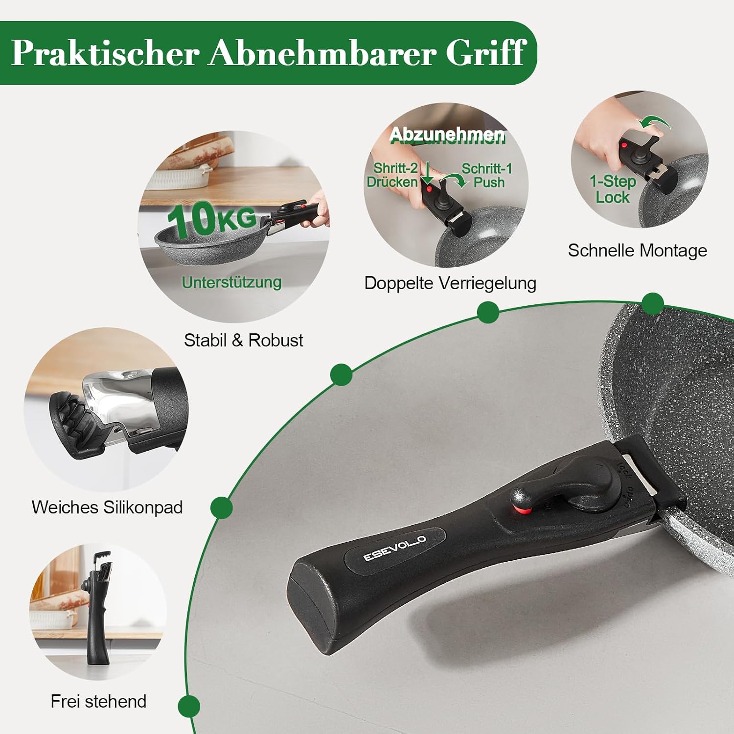 16-teiliges Kochgeschirr-Set für Induktionsherde, Töpfe und Pfannen mit abnehmbaren Griffen, stapelbar, antihaftbeschichtete Keramik, antihaftbeschichtet, PFAS, mit Crêpes- und Schmorpfanne, grau – Bild 6