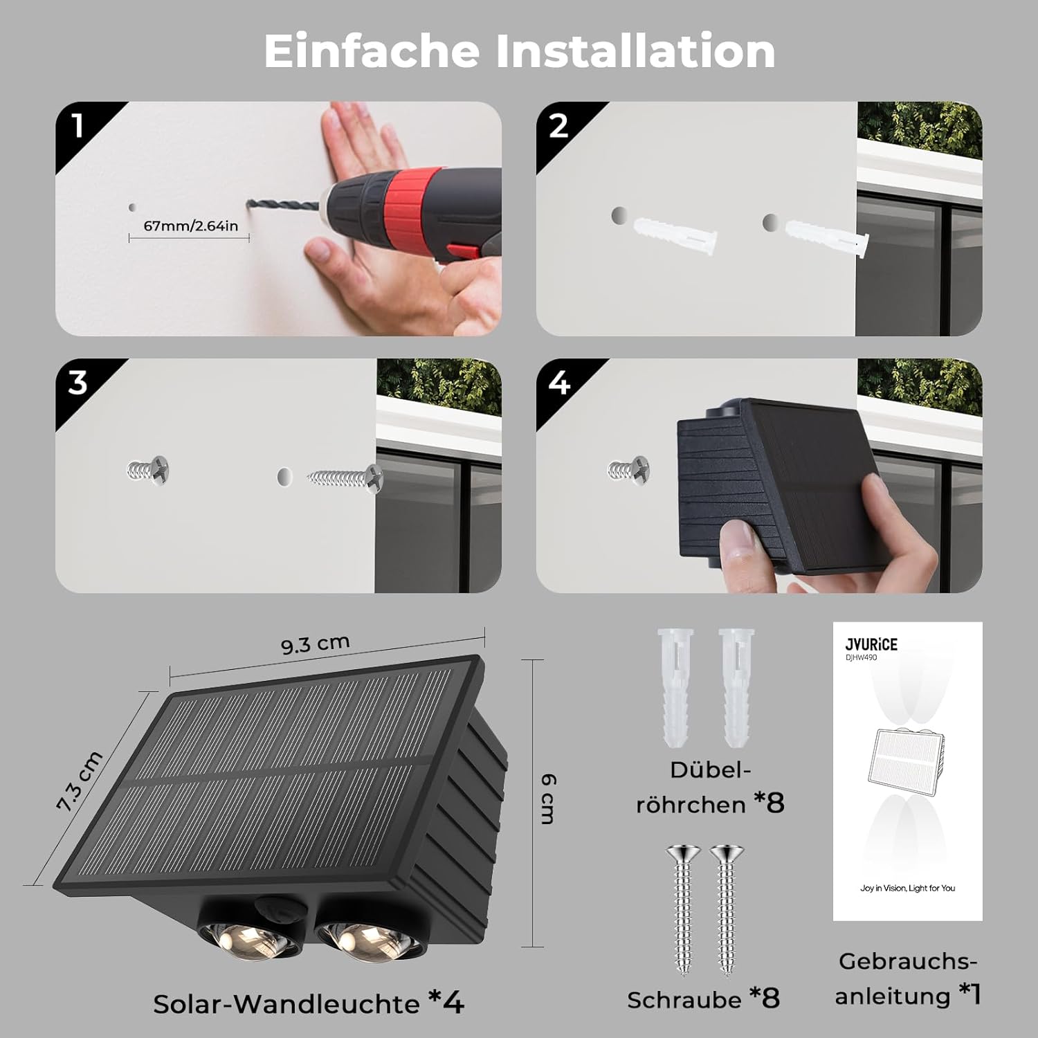Solarleuchten für den Außenbereich, 4 Stück, Up Down Wandleuchte mit 3 Lichtmodi & 3 Farbtemperaturen, IP65 wasserdicht, Solar-Außenleuchte für Garten, Terrasse, Hauswand, Zaun, Treppen, Schwarz – Bild 8