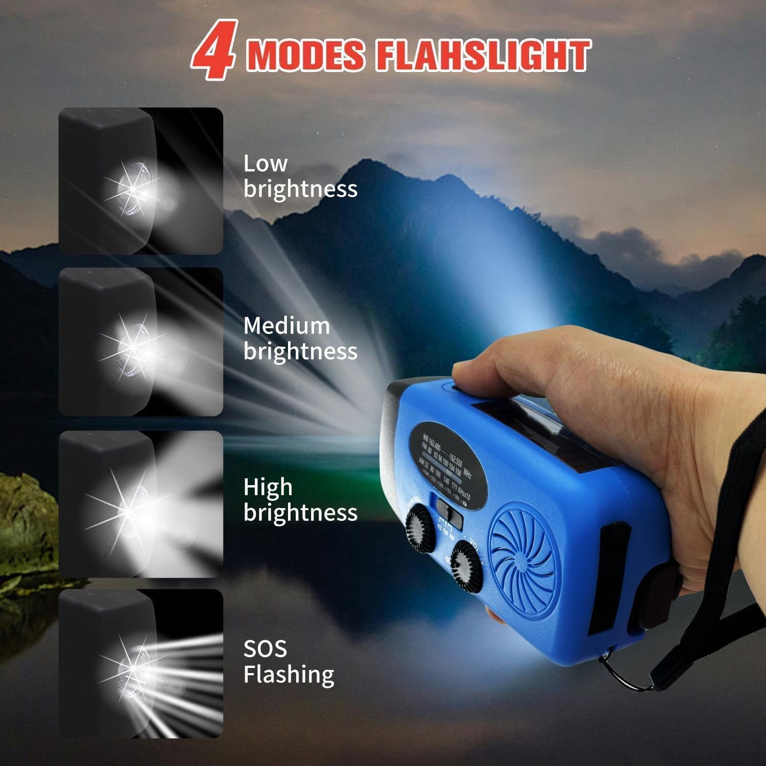 iRonsnow Notfall-Solarradio, tragbares Kurbelradio mit LED-Taschenlampe, wiederaufladbares 5000-mAh-Netzteil, SOS-Alarm, AM/FM-Solarwindradio, USB-Ladegerät für Wandern, Camping (5000 mAh, blau) – Bild 5