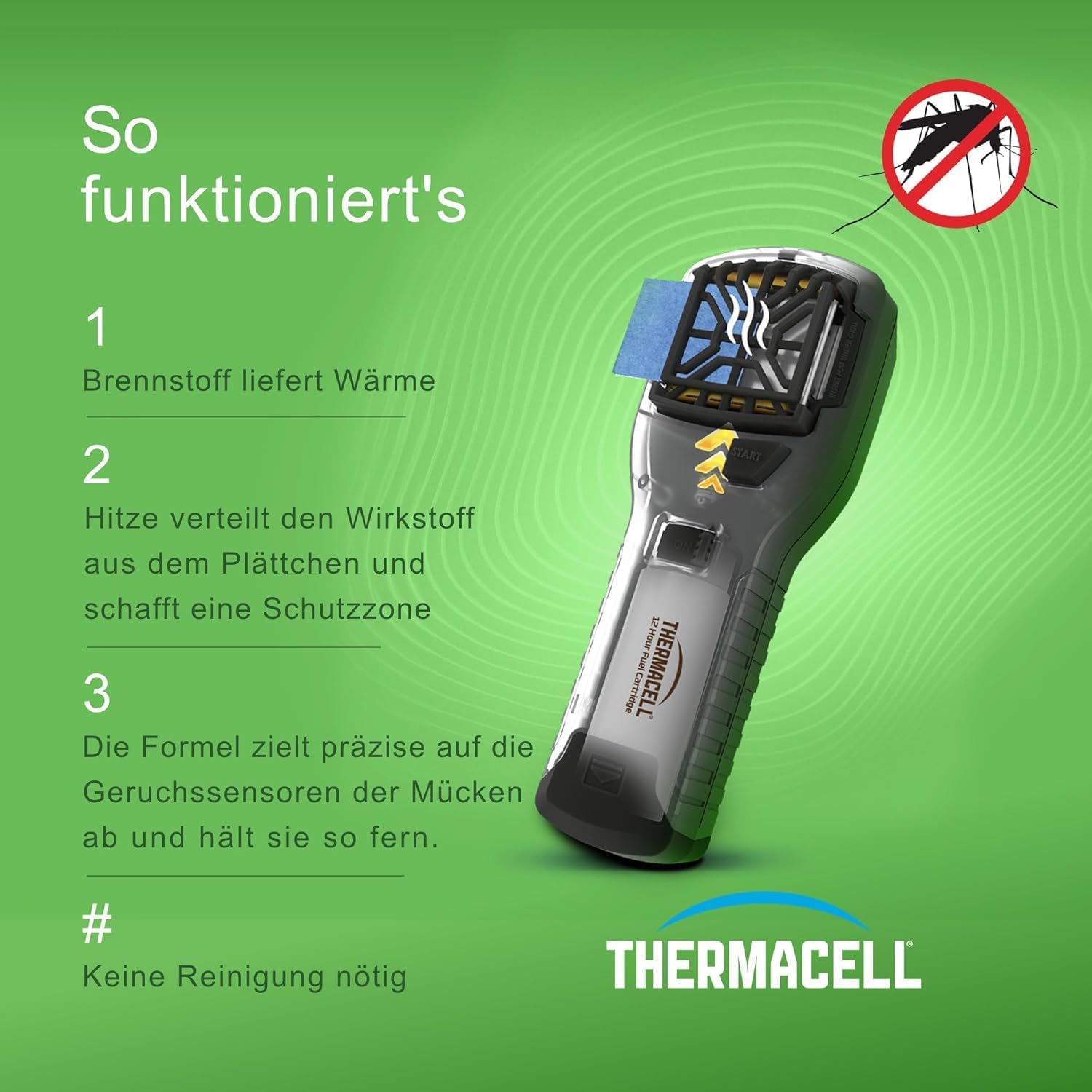 Thermacell MR300GI PT19 Mückenschutz-Handgerät, Mückenschutz mit Zitronen-Eukalyptusöl, 15 m² Schutzzone, Garten, Terrasse, Camping, Angeln, inklusive 1 x Gaskartusche und 3 x Platten – Bild 3
