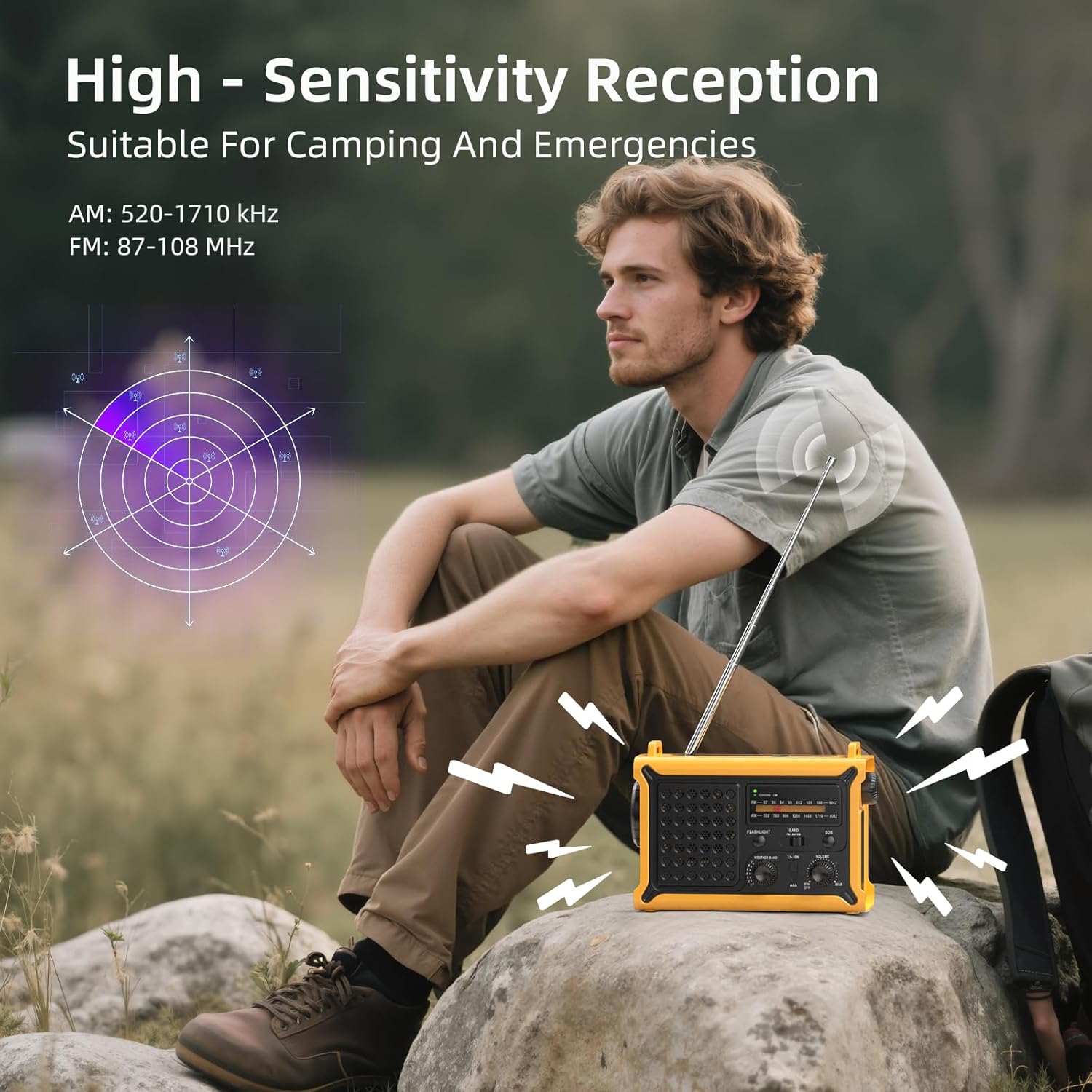 Solar-Kurbelradio mit 12000-mAh-Akku, wiederaufladbar, extra großes Solarpanel, AM/FM-Notfallradio mit Taschenlampe und Leselicht, hohe Klangtreue, wiederaufladbare Powerbank, SOS-Alarm für Outdoor-Camping – Bild 2