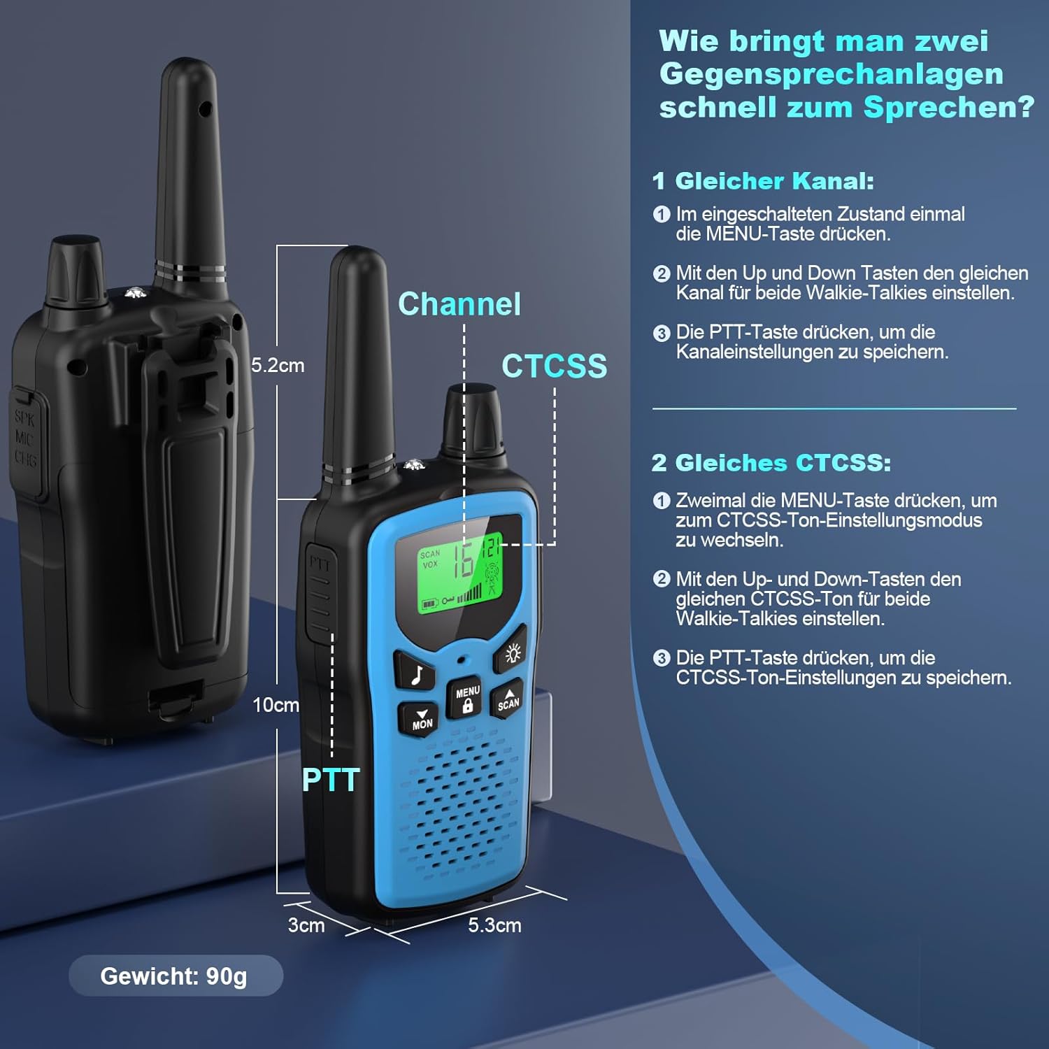 Walkie Talkie 3er-Set Kinder wiederaufladbar, Rabigala-Radios mit 5 km großer Reichweite für Erwachsene, Li-Ionen-Akku, VOX-Freisprecheinrichtung, Taschenlampe LED, LCD – Bild 3