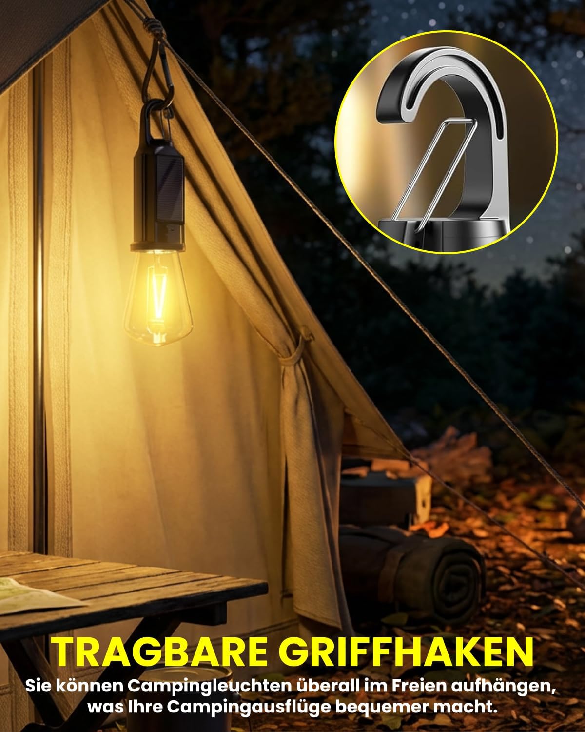 Bonlux Campinglampe, Solar-Campinglampe, LED, wiederaufladbar, USB, IP65, wasserdicht, Outdoor-Zeltlampe, warmweißes Licht, dimmbare wiederaufladbare Glühbirne für Camping, Wandern, Stromausfälle, Notfälle – Bild 5