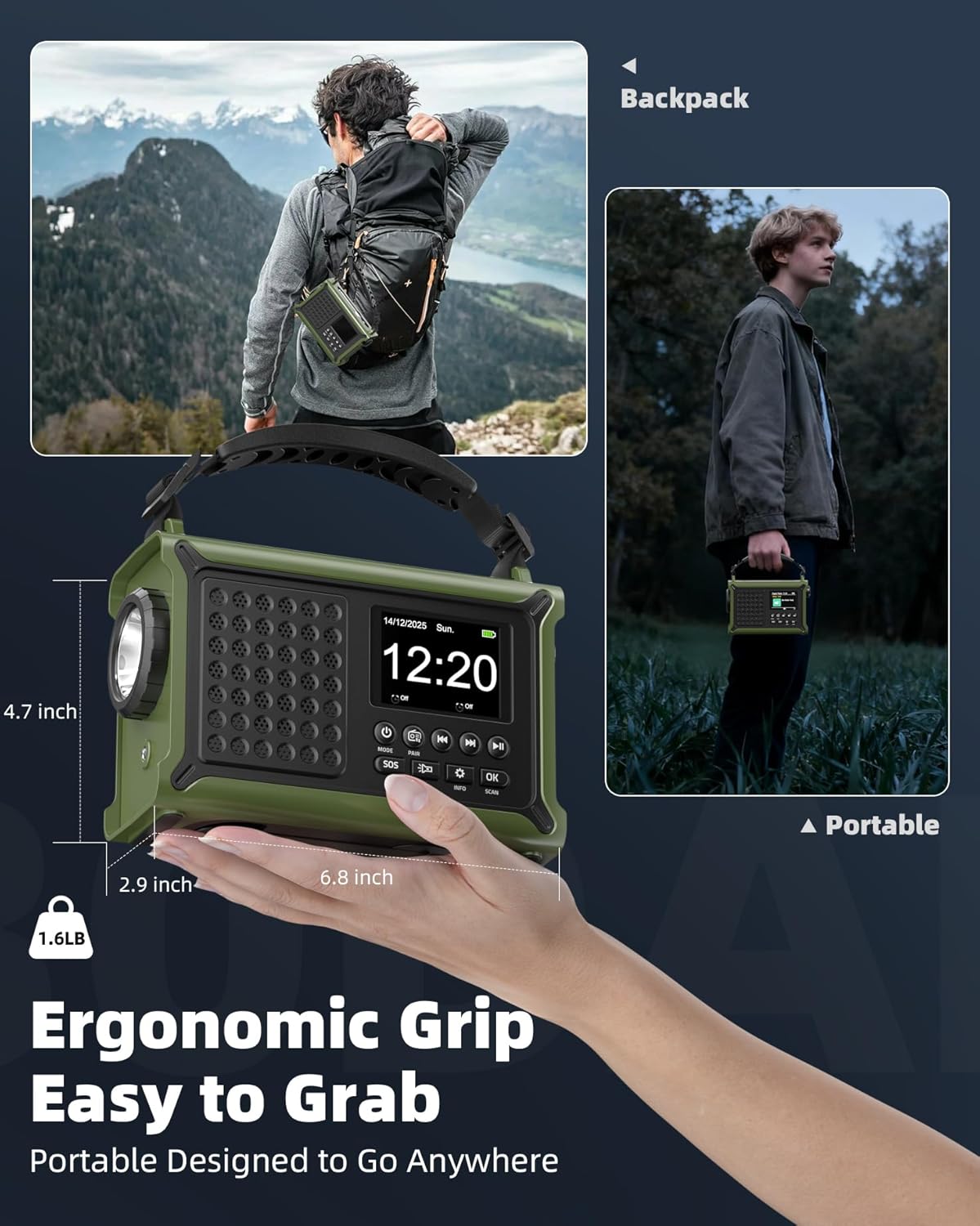 12000 mAh Kurbelradio, DAB+/FM, Notfallradio mit 8500 mm² Solarpanel & 650 mA Handkurbeldynamo, Solarradio mit Bluetooth 5.0, Taschenlampe & Ladegerät, USB, SOS, tragbares Radio für Camping & Notfälle – Bild 7