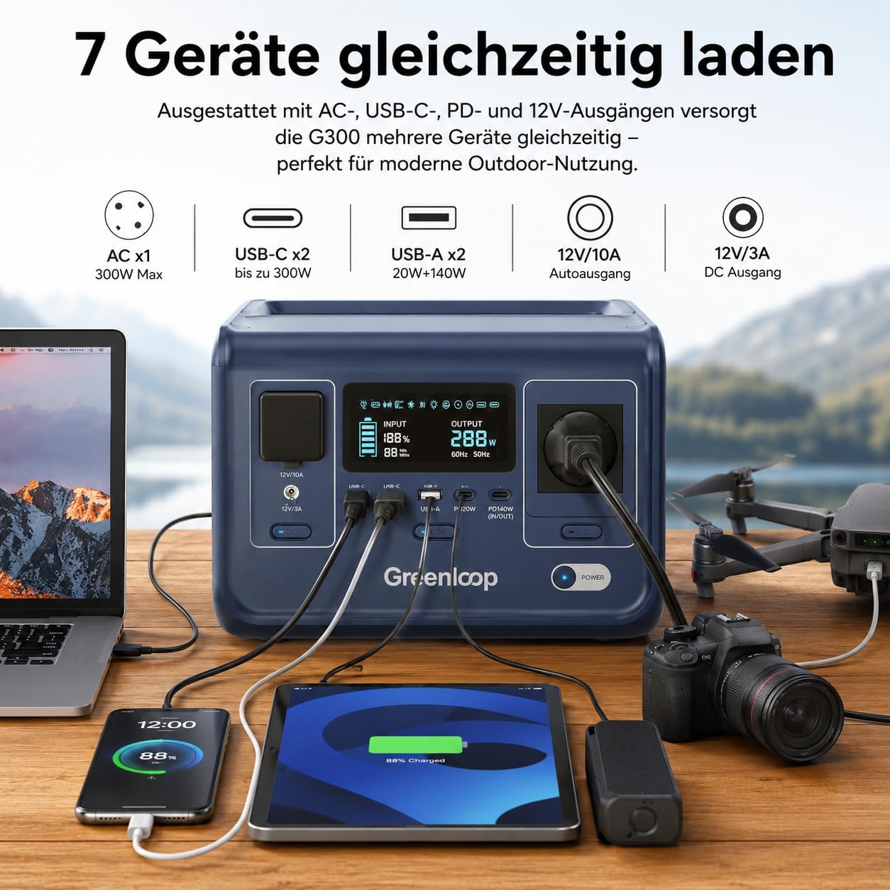 Greenloop Power Station 300 W (600 W Peak), 288 Wh mit EVE LiFePO4-Zellen, Solargenerator mit 230 V-Steckdose, USV 10 ms, USB-C PD140 W, 7 Ports, tragbare Notstromversorgung für Camping – Bild 3